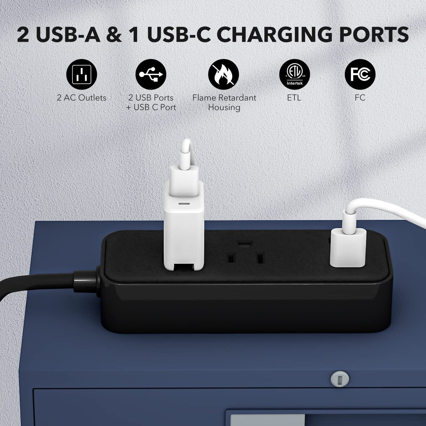 Clear Power 2-Outlet Power Strip with 3 USB Ports(1 USB-C), Flat Plug, 6 ft Power Cord, Compact USB Charging Hub, Desktop Charging Station with USB C