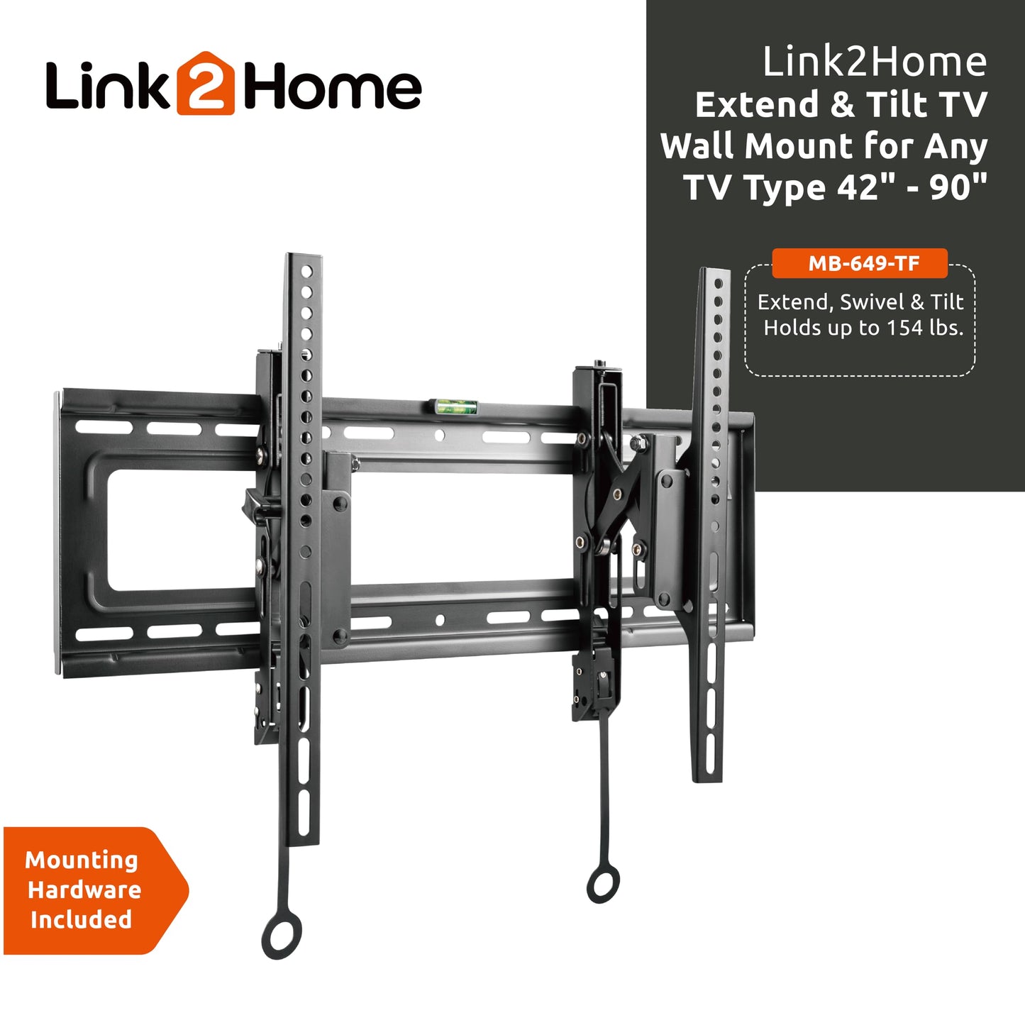 Link2Home Extend & Tilt TV Wall Mount for 42" - 90" TVs, Up to 154 lbs., VESA 600/400, Fits Flat and Curved TVs, Auto Locking Mechanism, Black