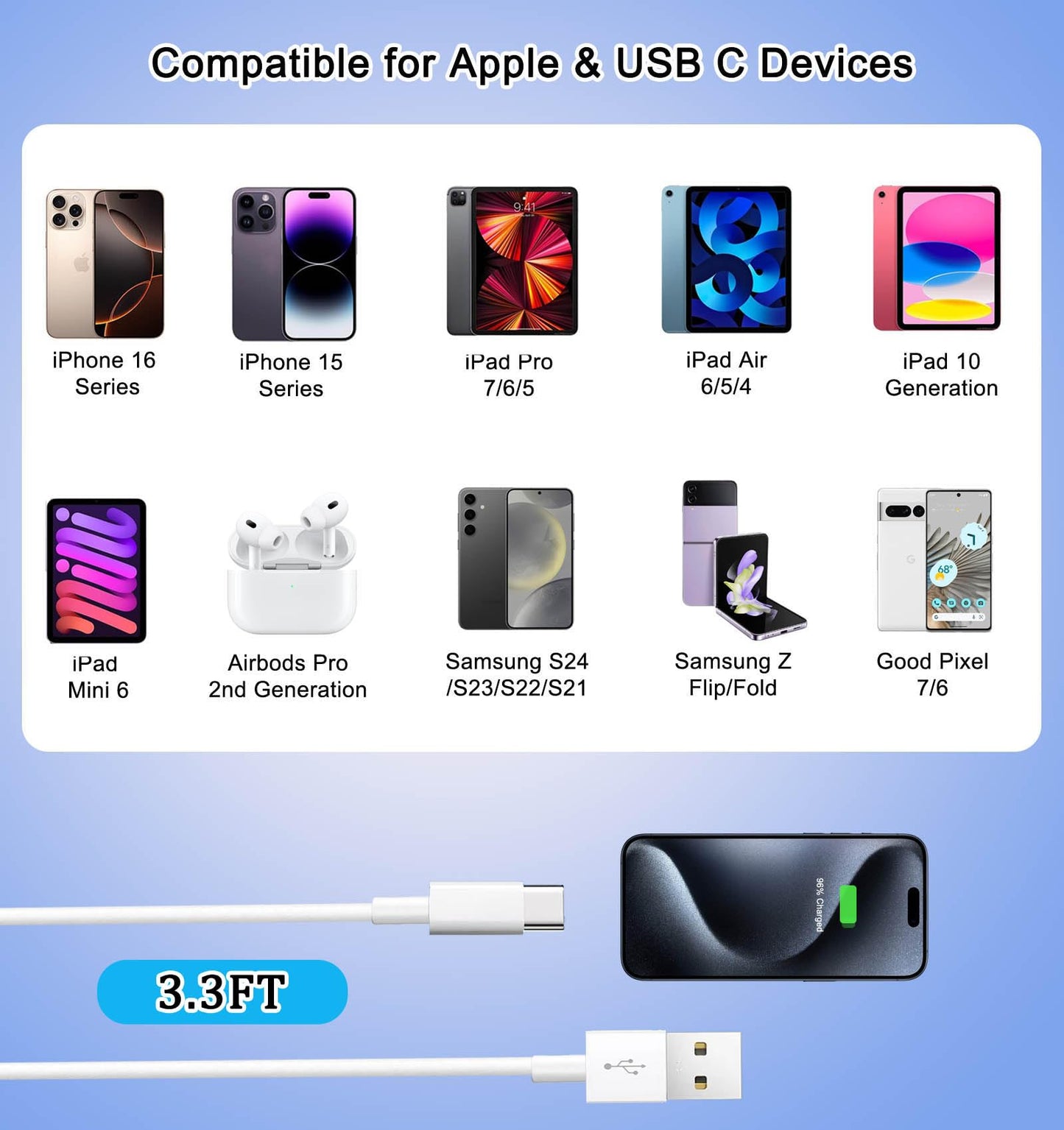 AKWOR Car Carplay Cable Adapter for iPhone 15/16 Charger Cord, 3FT USB A to USB C Cable Compatible for iPhone 16/15 Pro Max Plus, iPad 10th, iPad Pro
