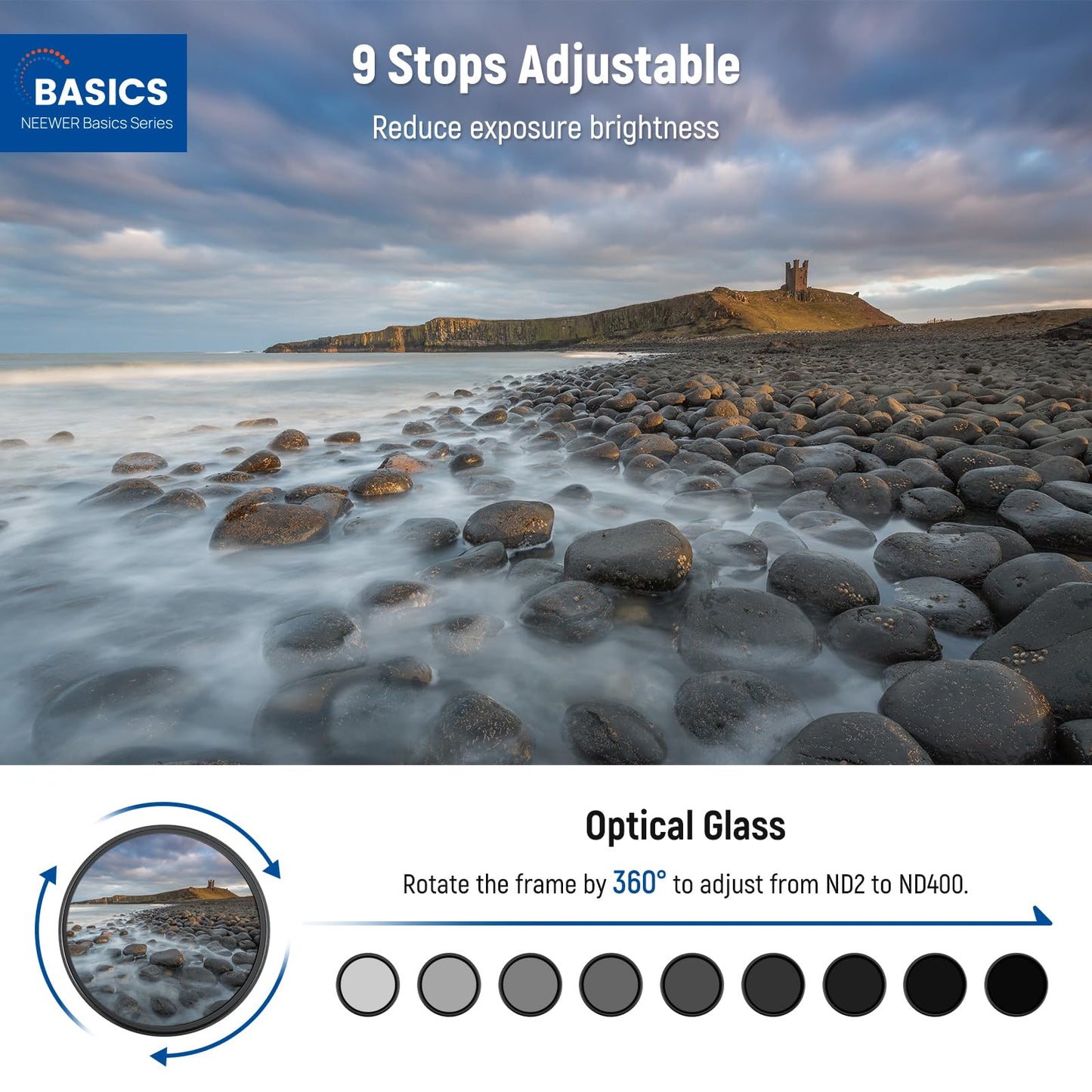 NEEWER Basics 77mm Variable ND Filter, ND2-400 1-9 Stops Light Reduction Rotatable Variable Neutral Density Filter with Anti Fingerprint Coating, Slim
