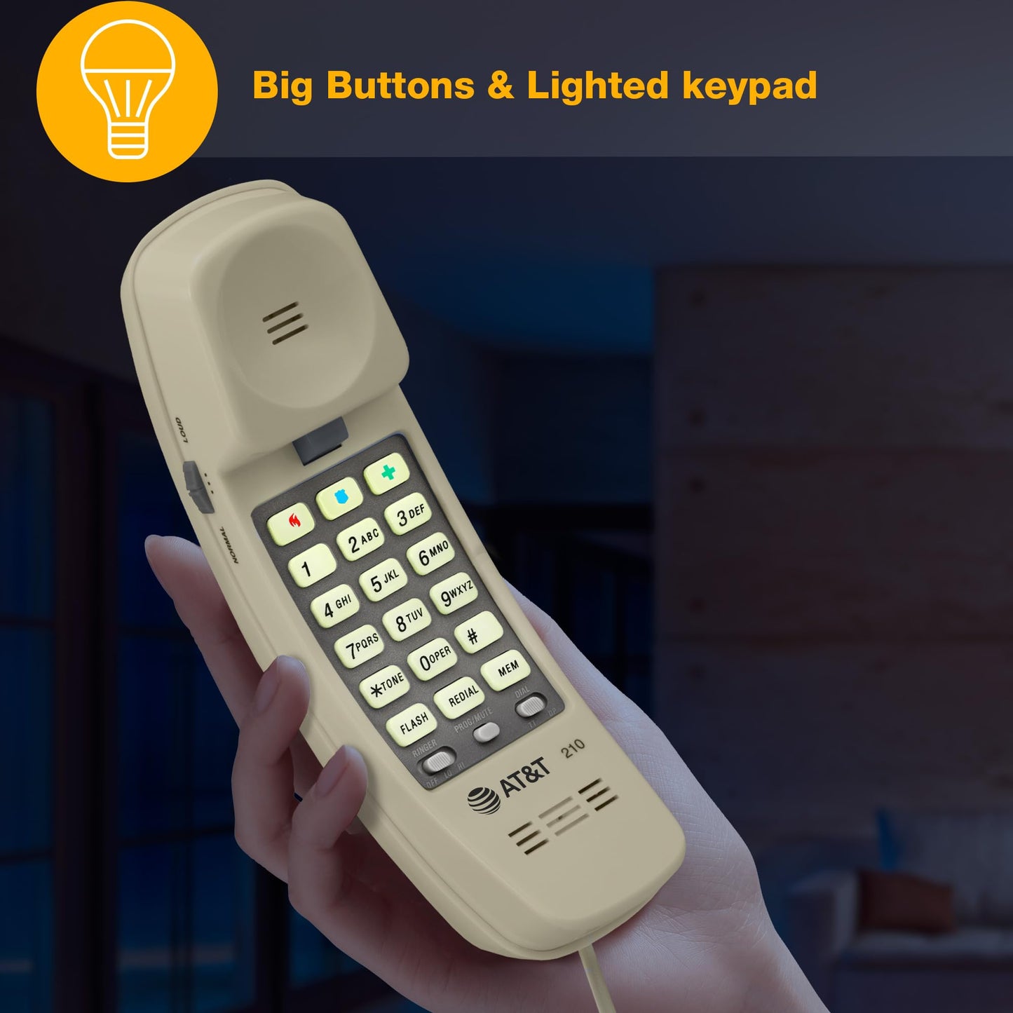 AT&T TRIMLINE 210 Corded Home Phone, No AC Power Required, Improved Easy-Wall-Mount, Lighted Big Button Keypad, 13 SpeedDial Keys, Last Number Redial