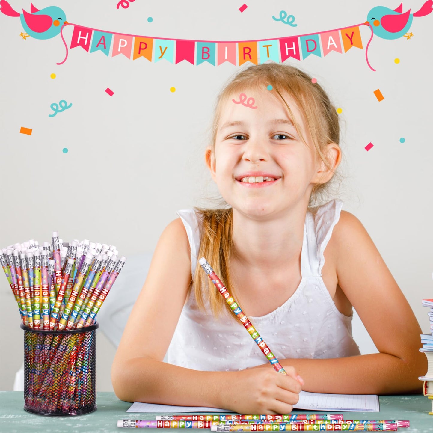 emzrivo 48 Pcs Happy Birthday Pencils Colorful Birthday Pencil for Students Teacher Wooden Pencils with Erasers Birthday Party Supplies, 6 Style(48)