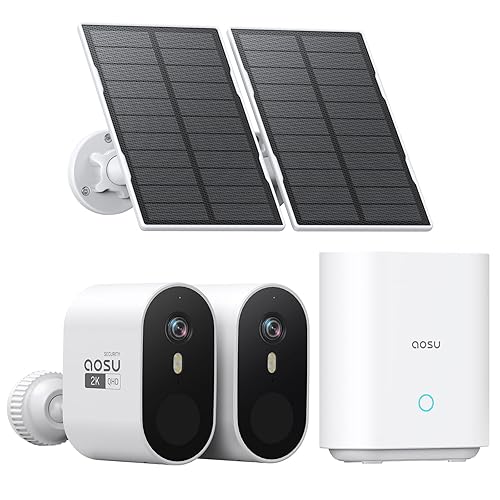 aosu Solar Security Cameras Wireless Outdoor, 2-Cam Kit, 2K QHD Home Security System with 166° Ultra-Wide Angle, Color Night Vision, 120 Days aosuBase