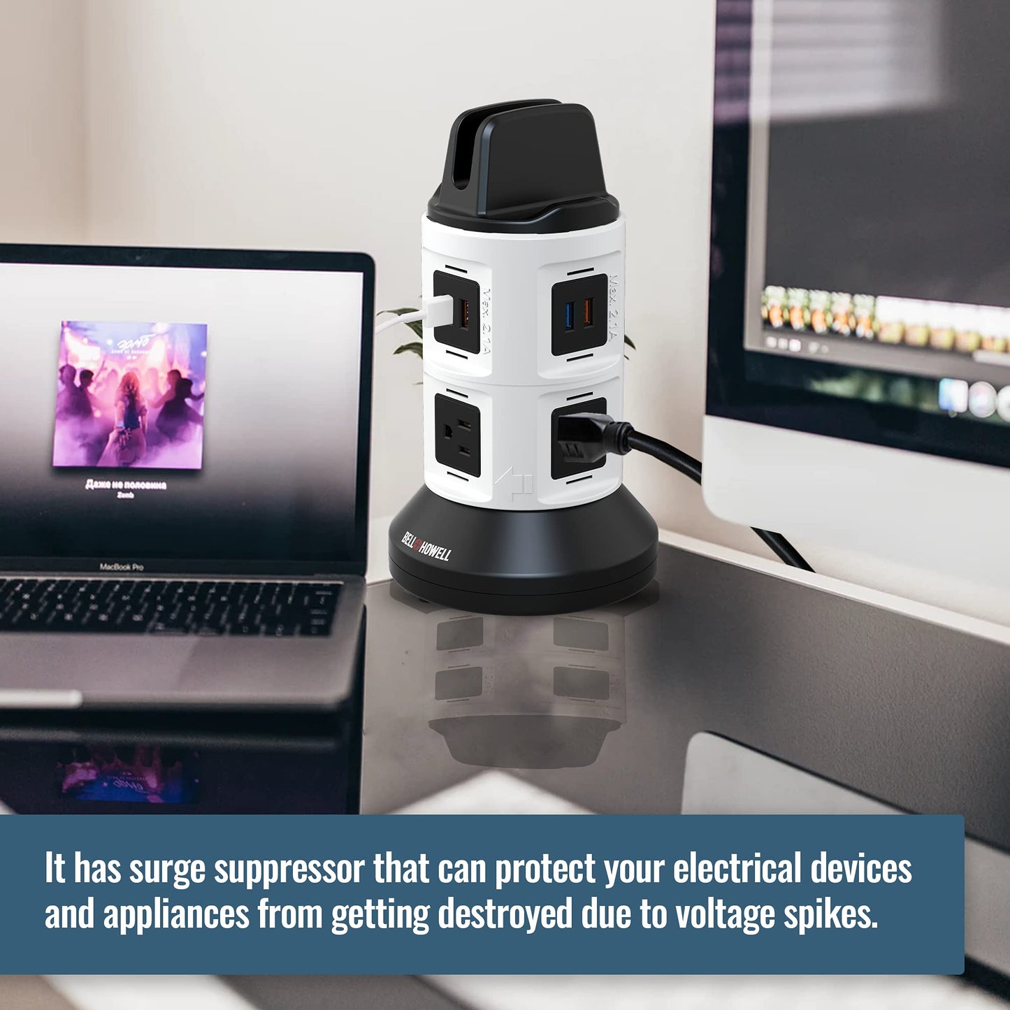 Bell+Howell Spin Power Strip Tower Surge Protector - 4 Outlets, 6 USB Ports, 40" Retractable Cord, 360° Rotation | Electric Charging Station