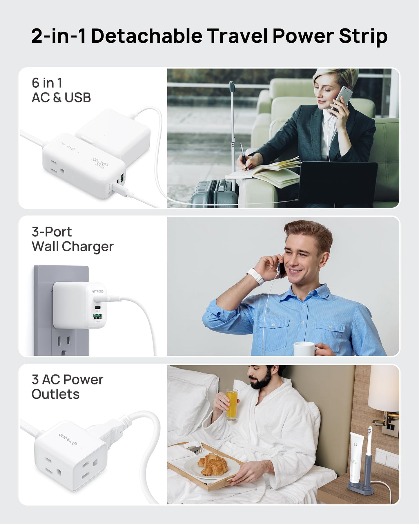 TROND Travel Power Strip with Detachable USB C Ports Fast Charge GaN III PD35W, 5ft Flat Plug Extension Cord with Multiple Outlets, for Home Hotel