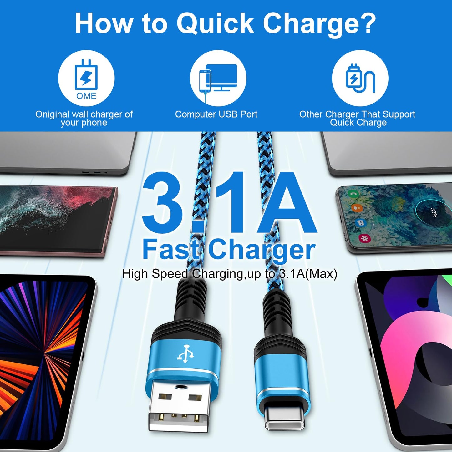 USB C Charger Cable Samsung Fast Charging Cord 6FT 3 Pack for Samsung Galaxy Z Fold 7 6 Flip 7 FE 6 5 S25 A16 A15 5G A35 A55 S24 S23 A25 A14 A54 S22