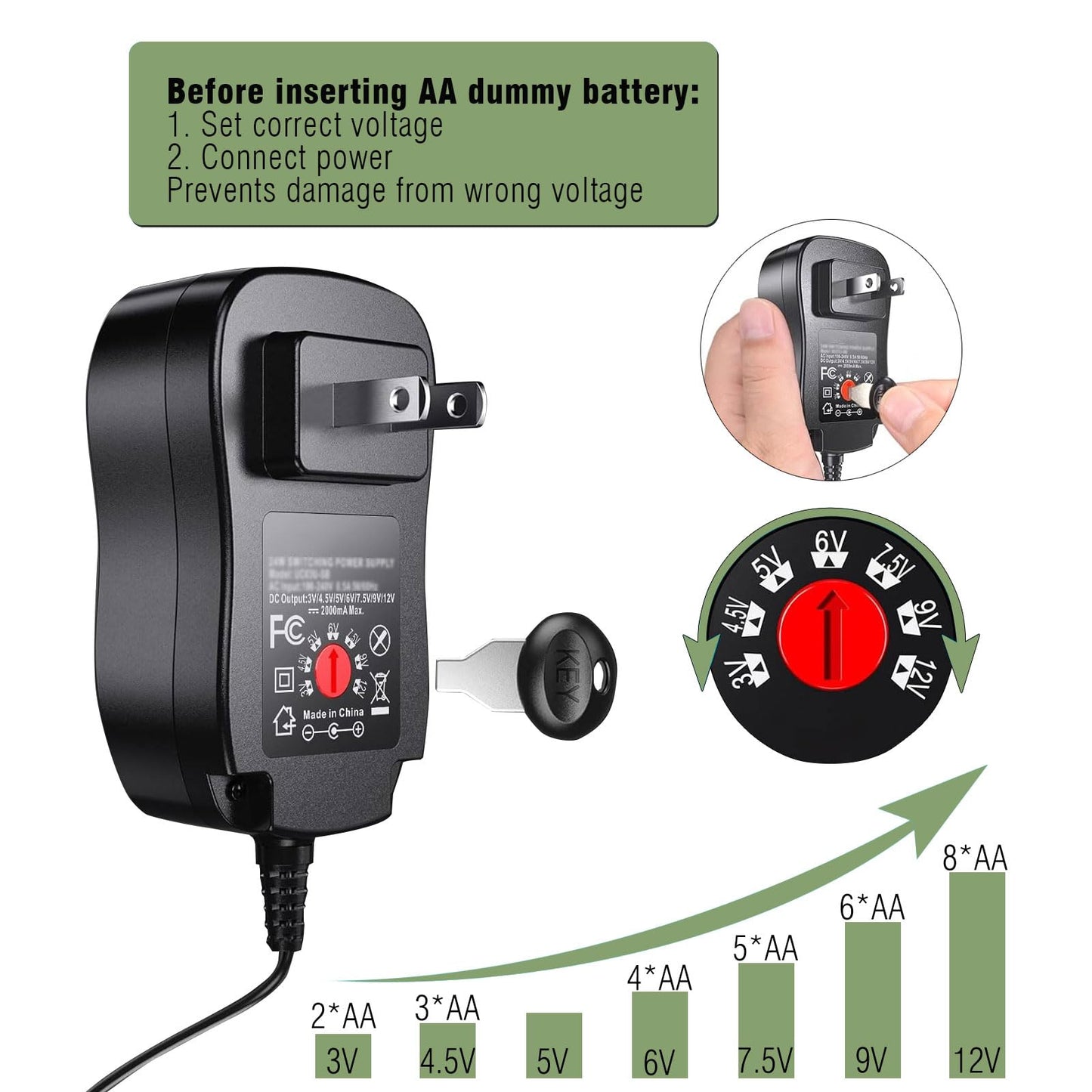 Adjustable AC Continuous Power Supply Adapter AA Dummy Battery kit (Replace up to 8 AA Battery) for Doorbells/thermostats/LED Light/Decorations