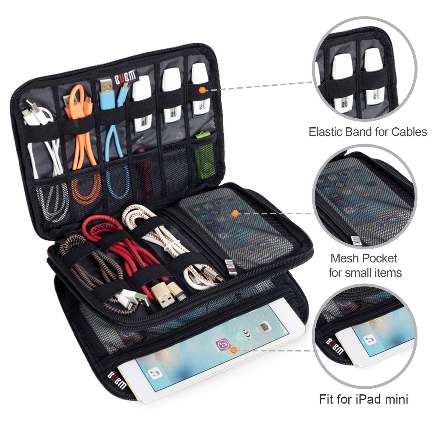 BUBM Double Layer Electronic Accessories Organizer, Travel Gadget Bag for Cables, USB Flash Drive, Plug and More, Perfect Size Fits for iPad Mini