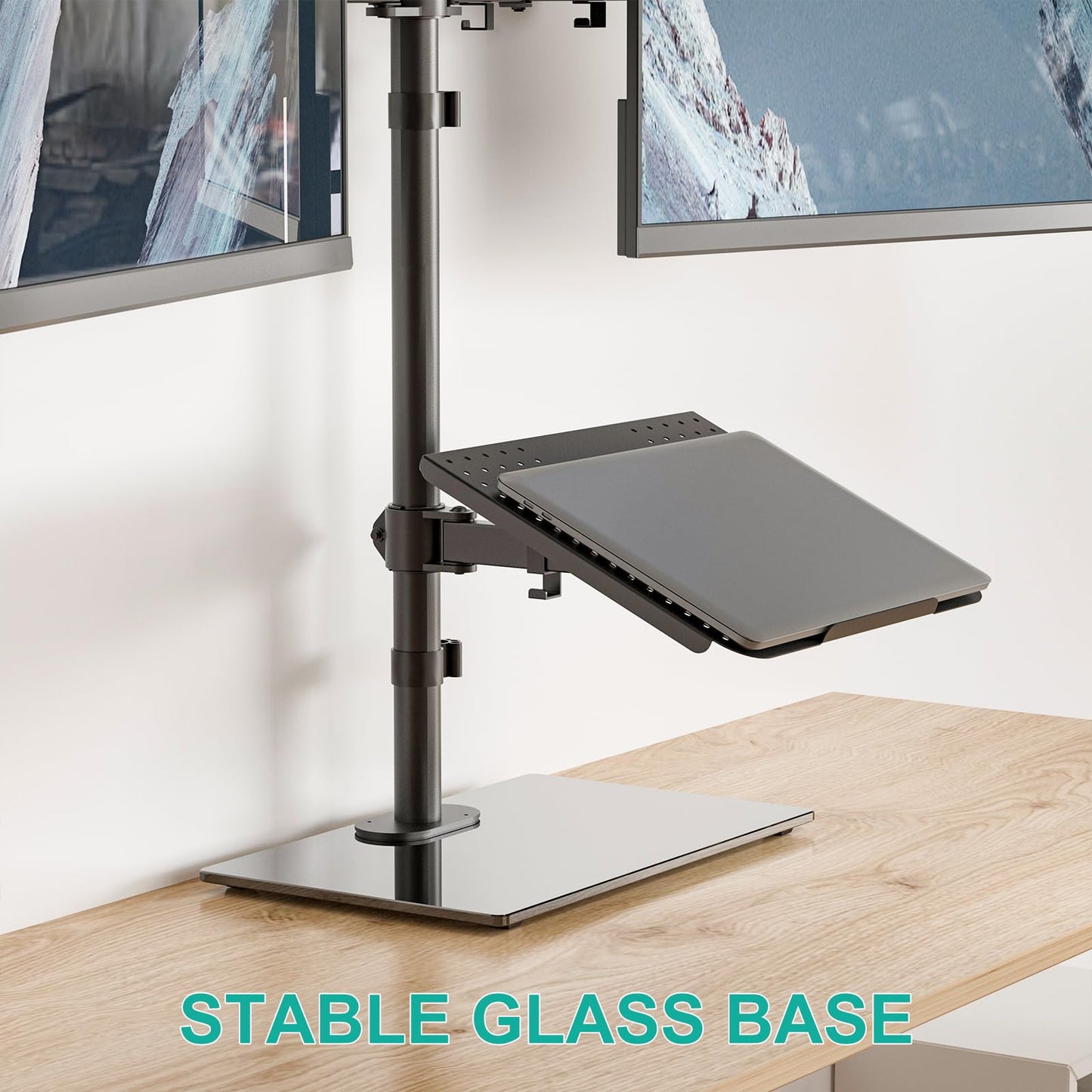 WALI Dual Monitor Stand with Laptop Holder, Height Adjustable Laptop Stand for Desk, Fits up to 27 inch Monitors and 17 inch Laptops, Freestanding