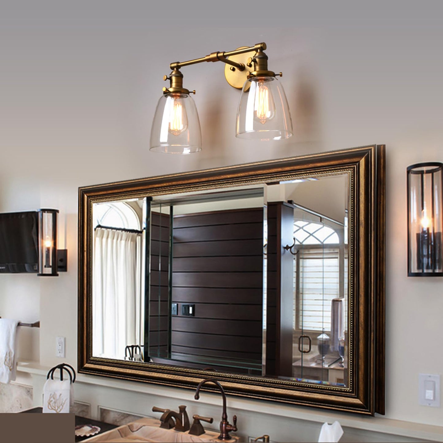 Phansthy Retro Industrial 2-Light Wall Sconces, Bathroom Vanity Light Fixtures, Wall Light with Dual 5.6" Bell Shaped Clear Glass Lampshade, Wall Lamp