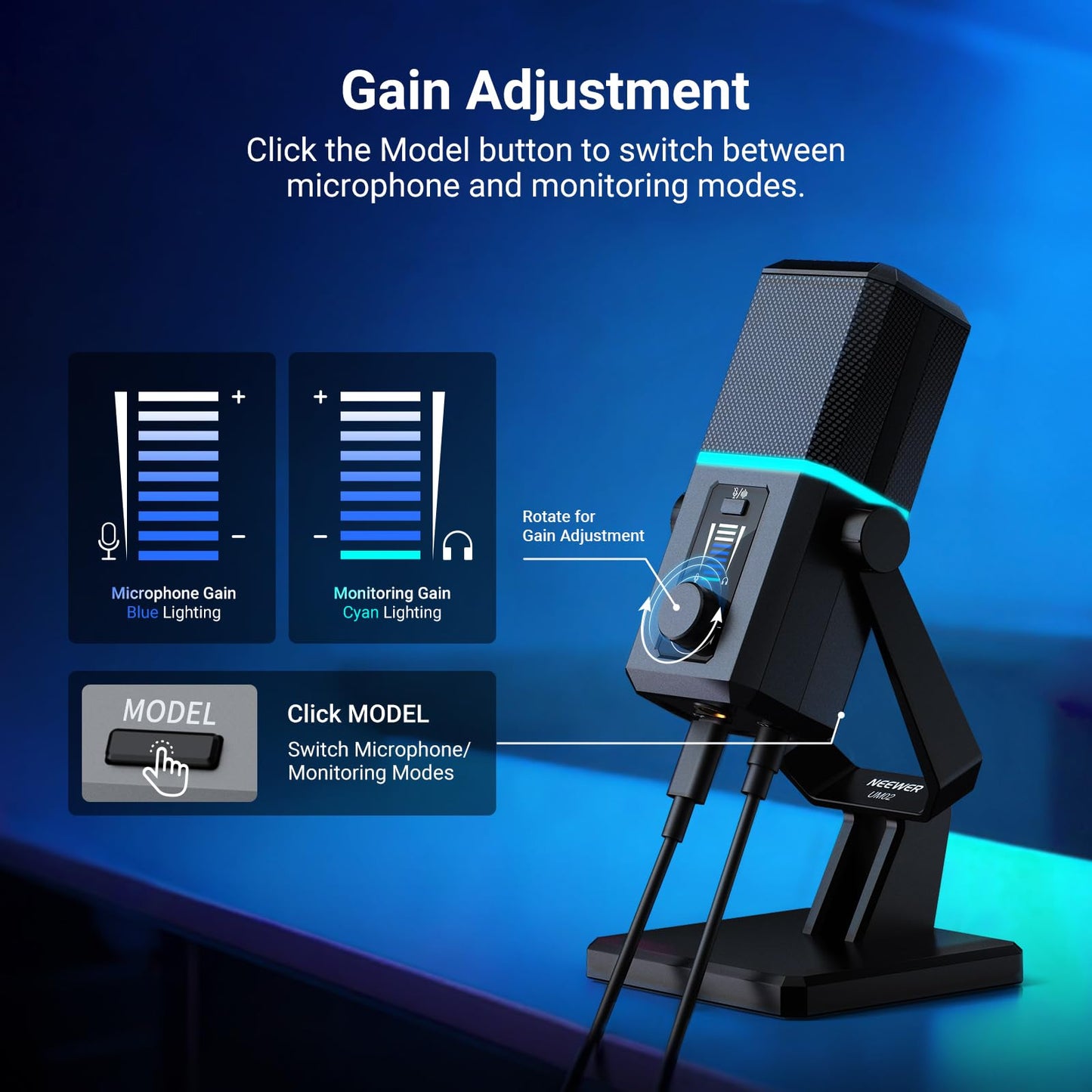 NEEWER UM02 RGB USB Microphone for Gaming Streaming Podcast, Cardioid Condenser Noise Cancellation Desk Mic for Headphone Monitoring Compatible with