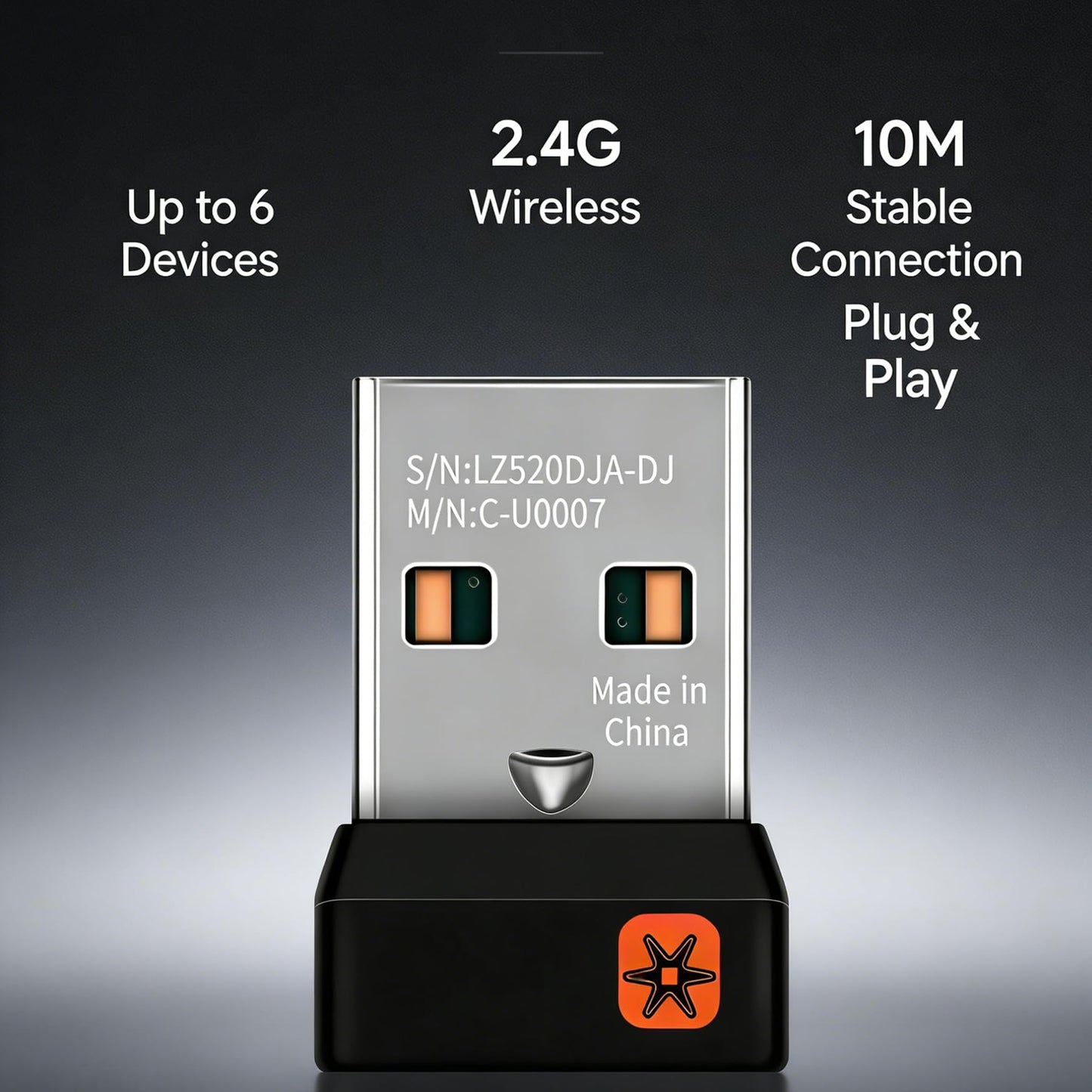 C-U0007 Unifying Receiver for Mouse and Keyboard Works with Any Logitech Product that Display The Unifying Logo (Orange Star, Connects up to 6