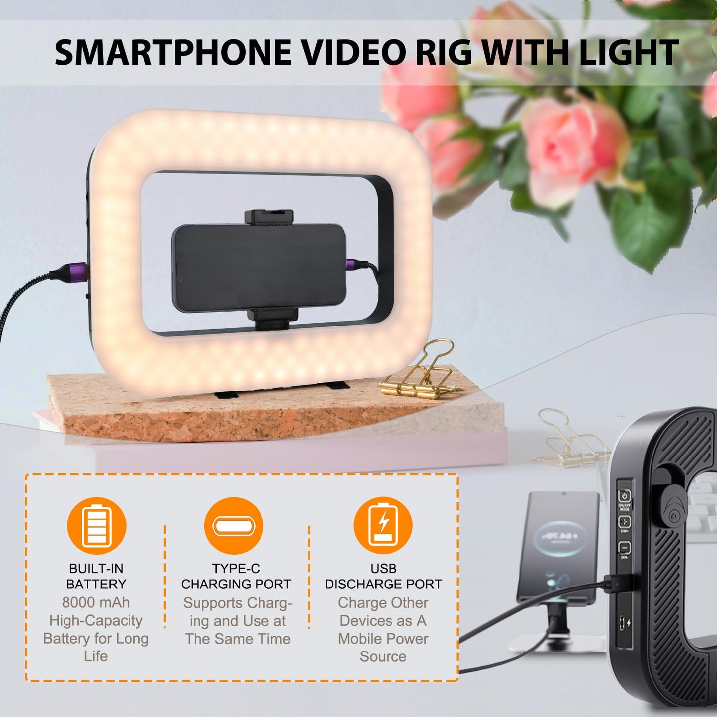 Phone Ring Light for Video Recording, Smartphone Video Rig with Light, 8000mAh RGB Portable LED Selfie Kit for Camera, TikTok, YouTube, Makeup