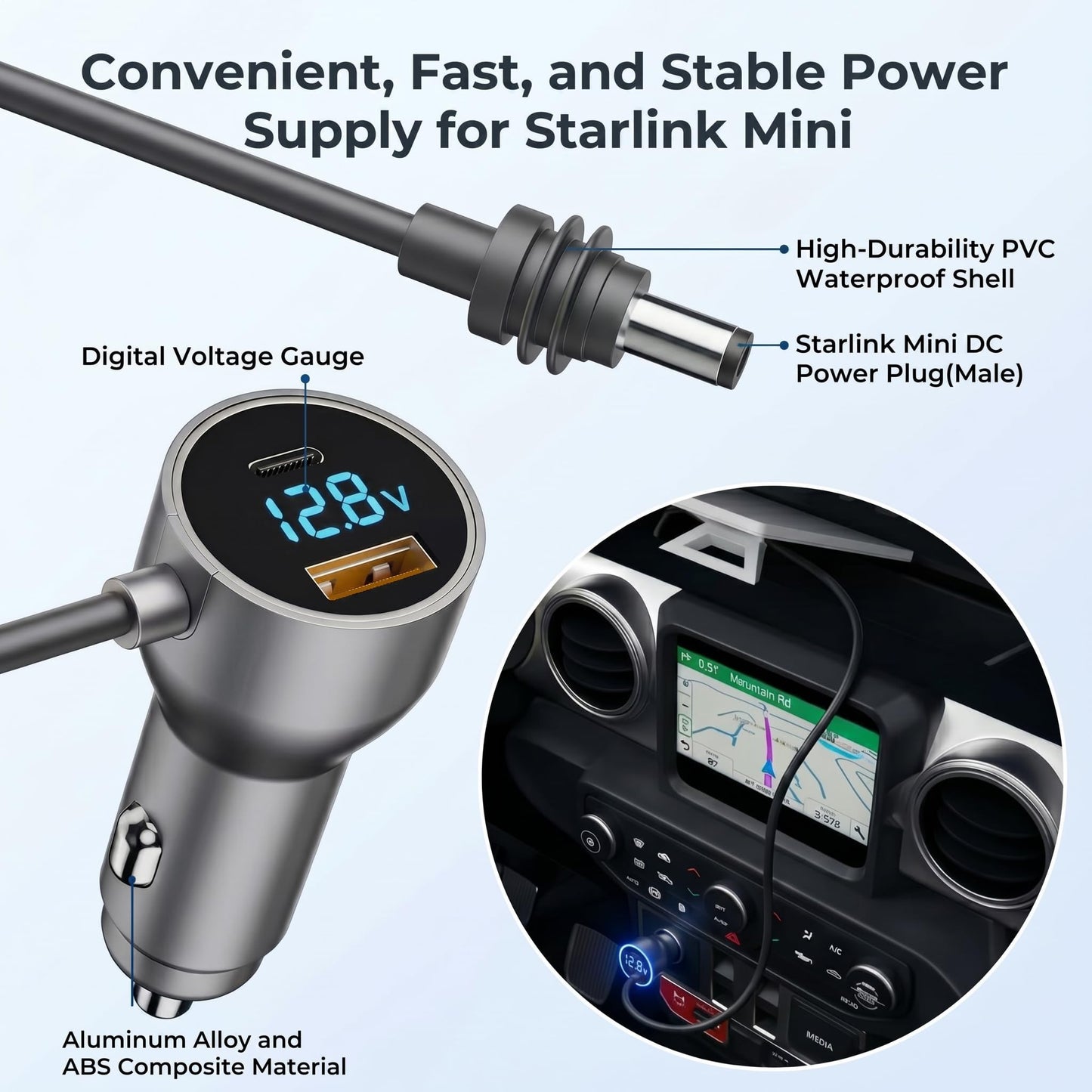 Starlink Mini 10FT Car DC Power Cable, 12V Cigarette Lighter Charger with USB-C & USB-A Dual Ports, Portable Power Adapter for RV Truck Boat SUV