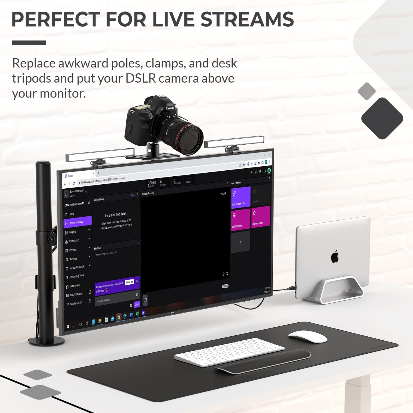 HumanCentric DSLR Monitor Mount Small, Desk Camera Mounting, Light Webcam, Microphone Shelf for Monitor VESA Arm, Replace Clamp Tripods, 100x100mm