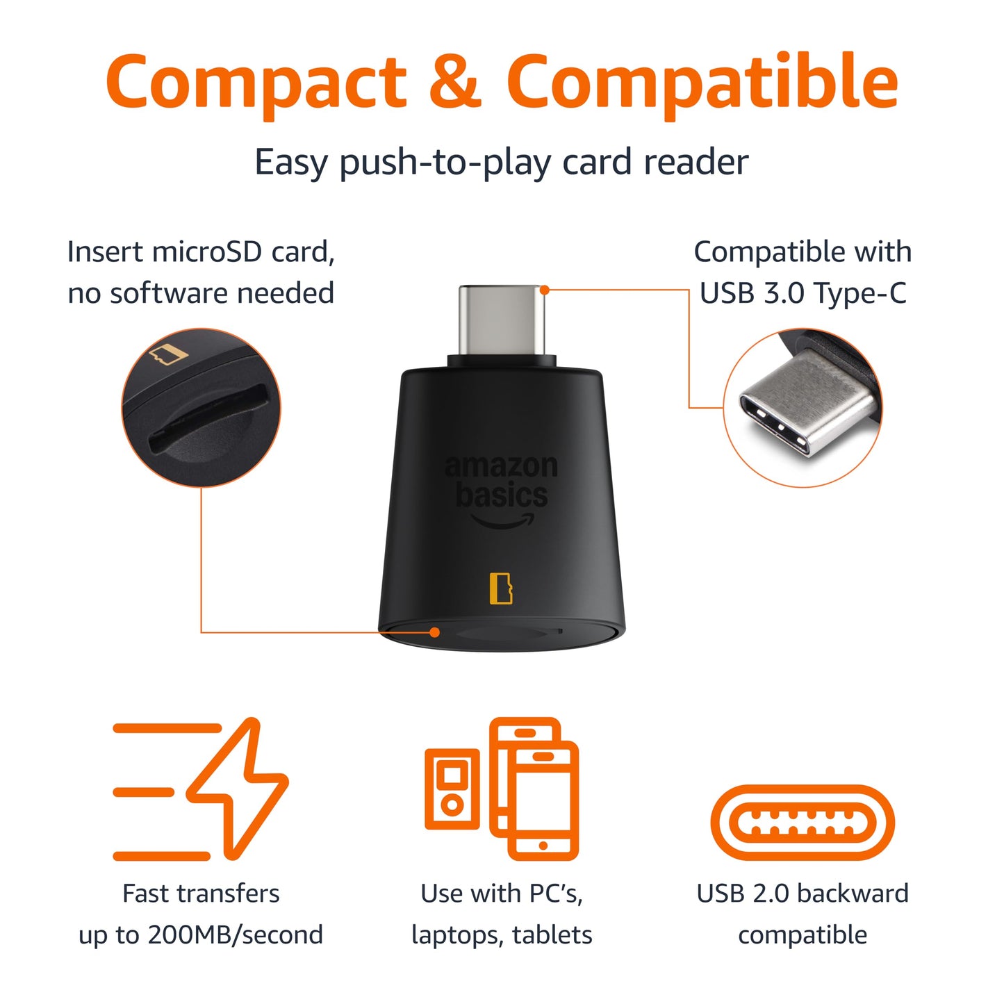 Amazon Basics Micro SD Card Reader USB-C 3.0, High Speed Data Transfer up to 200MB/s, Compatible with Smartphones, Tablets, Laptops