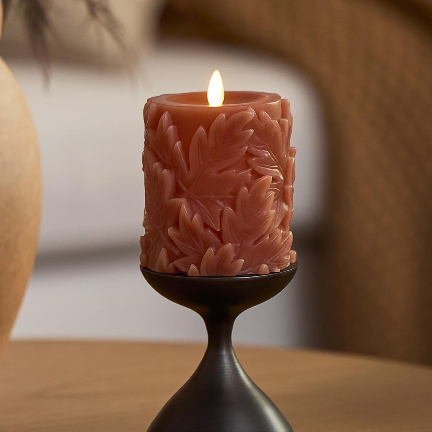 Luminara Flameless Caramel Cafe Embossed Leaves 3.5" x 4.5" Pillar, Battery Operated & Timer Function, Fall Decorations Indoor Candle Moving