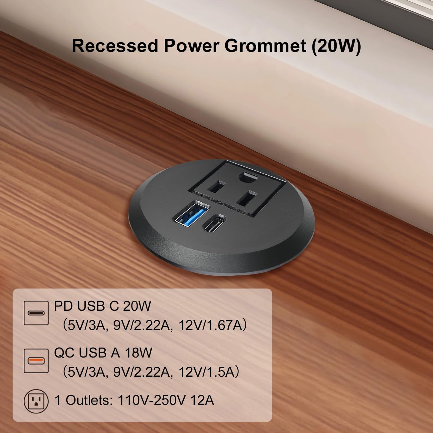 20W USB-C Fast Charge Recessed Power Grommet, 2 inch Flush Mount Desk Outlet with 6.5 FT Extension Cord, Space-Saving Countertop Power Strip for Home