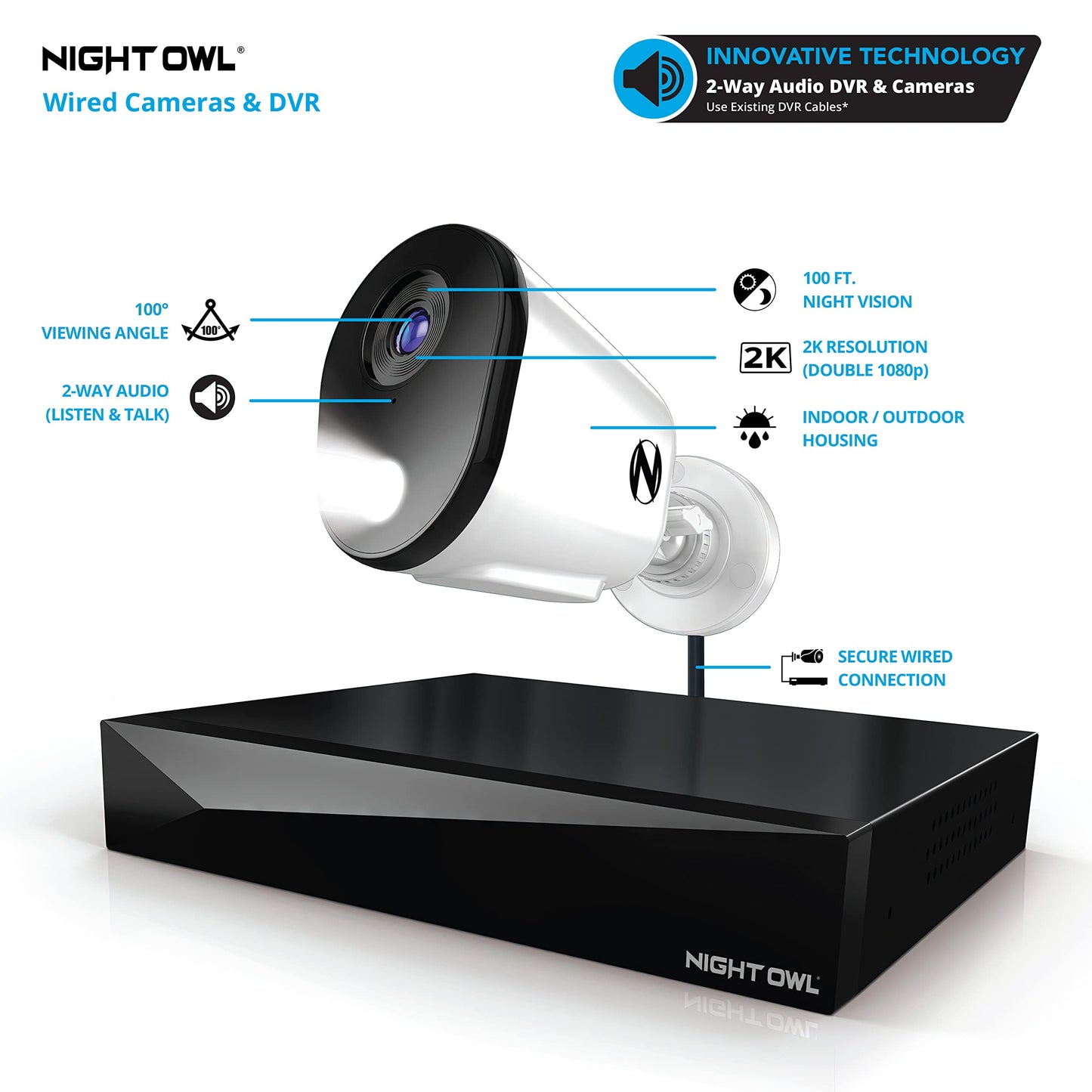 Night Owl 2-Way Audio 12 Channel DVR Video Home Security Camera System with (8) Wired 2K HD Indoor/Outdoor Deterrence Cameras and 1TB Hard Drive (Add
