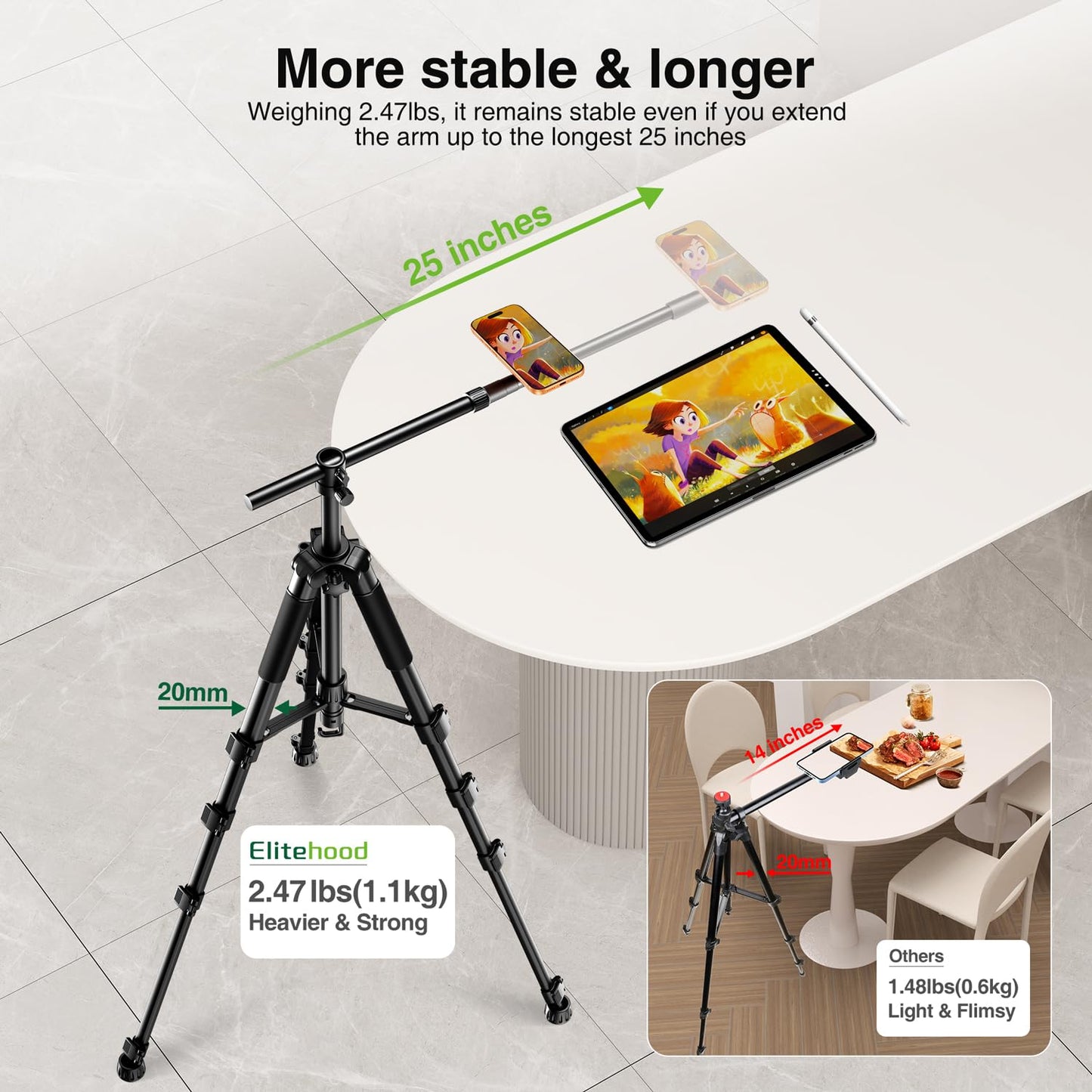 elitehood Magnetic Overhead Tripod for iPhone with 25in Long Extendable Arm