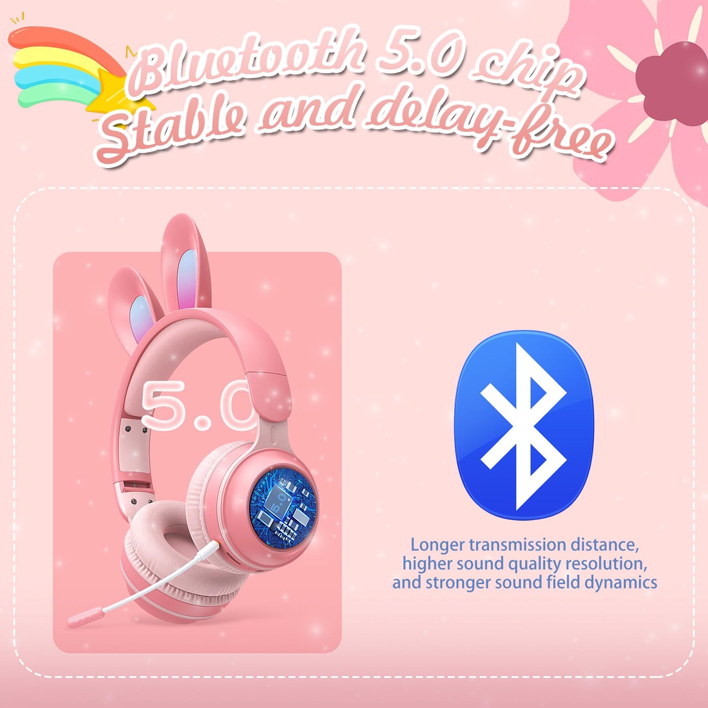 KERHAND Kids Bluetooth Cat Ear Headphones LED Light, Noise Cancelling, Pink