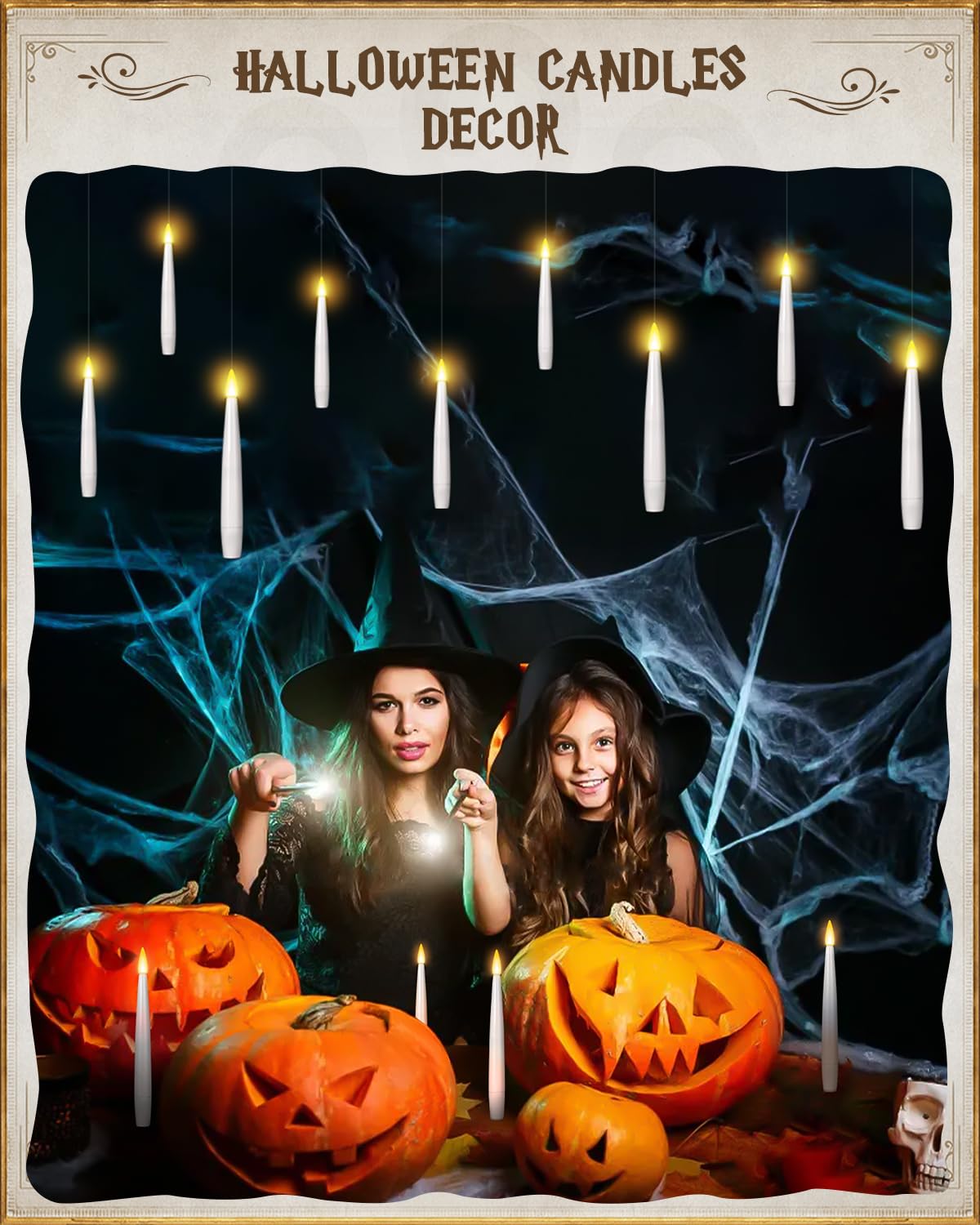 Floating Candles with Wand - Christmas Magic Hanging Flameless Candles Taper Candles with Remote for Halloween Window Home Bedroom Birthday Party