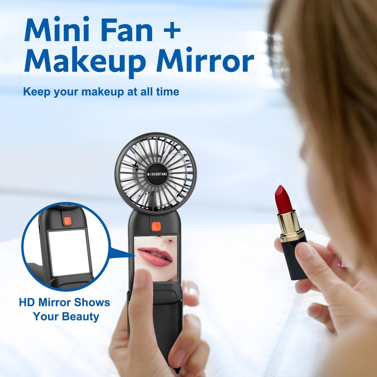 Breezefan Portable Handheld Fan, Mini Fan with Mirror, USB Rechargeable Desk Fan, 4 Speed Adjustable Battery Powered, Portable for Travel, Home