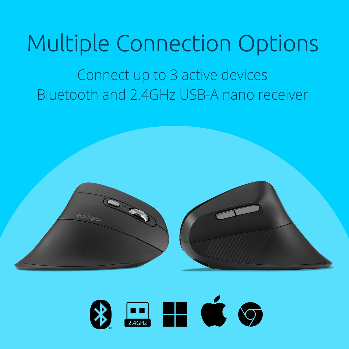 Kensington MY630 EQ Wireless Rechargeable Mouse, Ergonomic Vertical Design, Bluetooth LE, 2.4GHz, Black (K72484NA)
