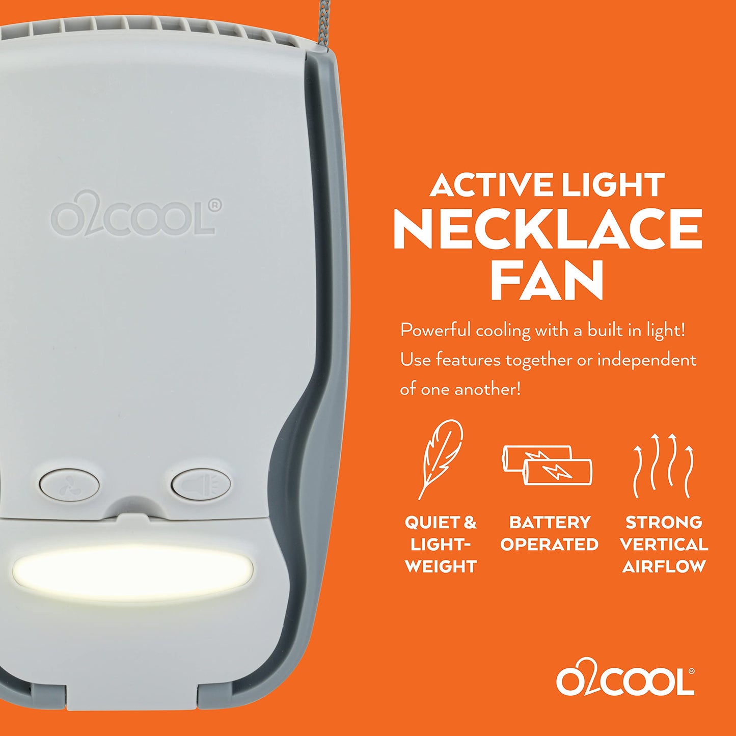 O2COOL Battery Powered Necklace Fan With LED Light, Lanyard, For Personal Cooling And Safety
