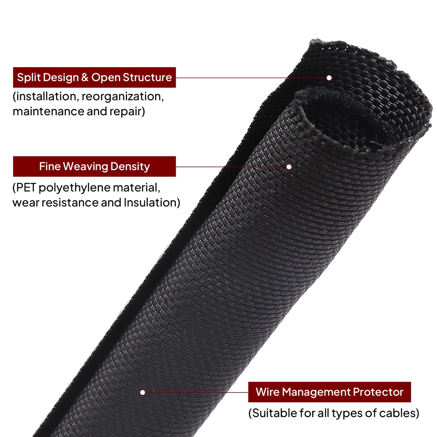 Black Braided Cable Management Sleeves Wire Loom Tubing Cord Protector Self-Wrapping (1/2"-12Feet)