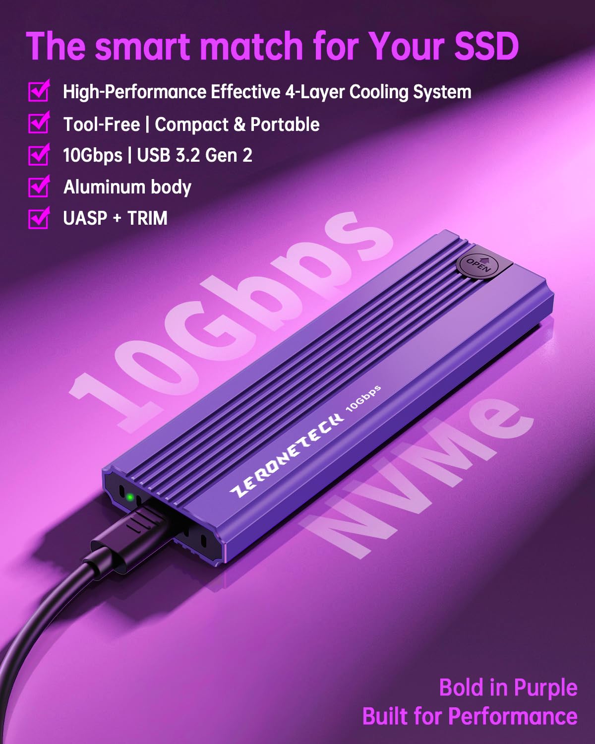 M.2 NVMe SSD Enclosure Adapter Tool-Free, 10Gbps USB 3.2 Gen 2 USB C External, M.2 NVMe to USB Reader, Support UASP Trim for NVME M and (B+M) Keys