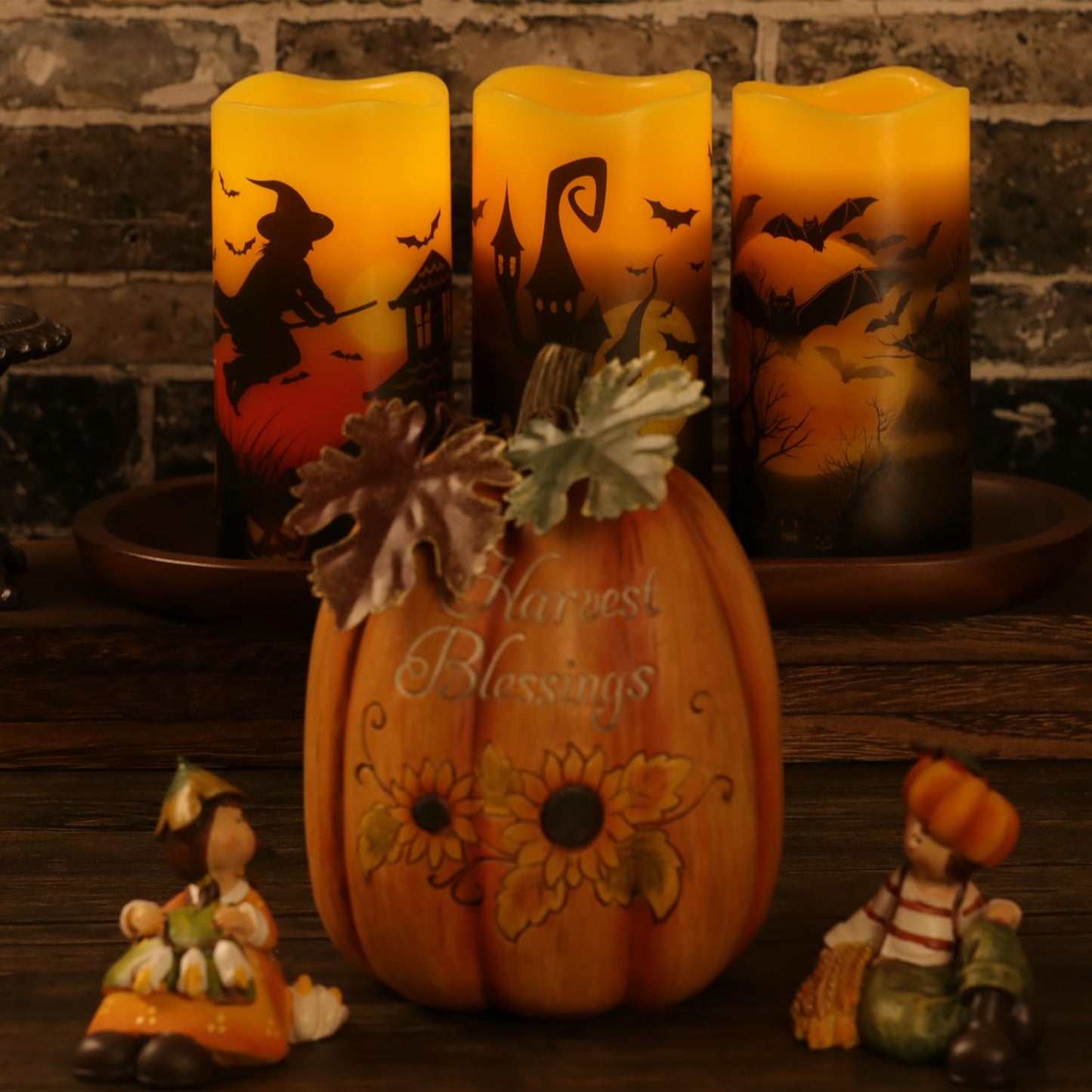 OWLZOO Set of 3 Halloween Flameless Pillar Candles, Battery Operated LED Candles with Timers & Remote, Orange Wax Warm Light Flickering Witch Bats