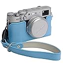 Bowan X100V Camera Case, Handmade Genuine Real Leather Half Camera Case Bag Cover for Fujifilm X100V Camera Bottom Opening Version + Hand Strap (Blue)