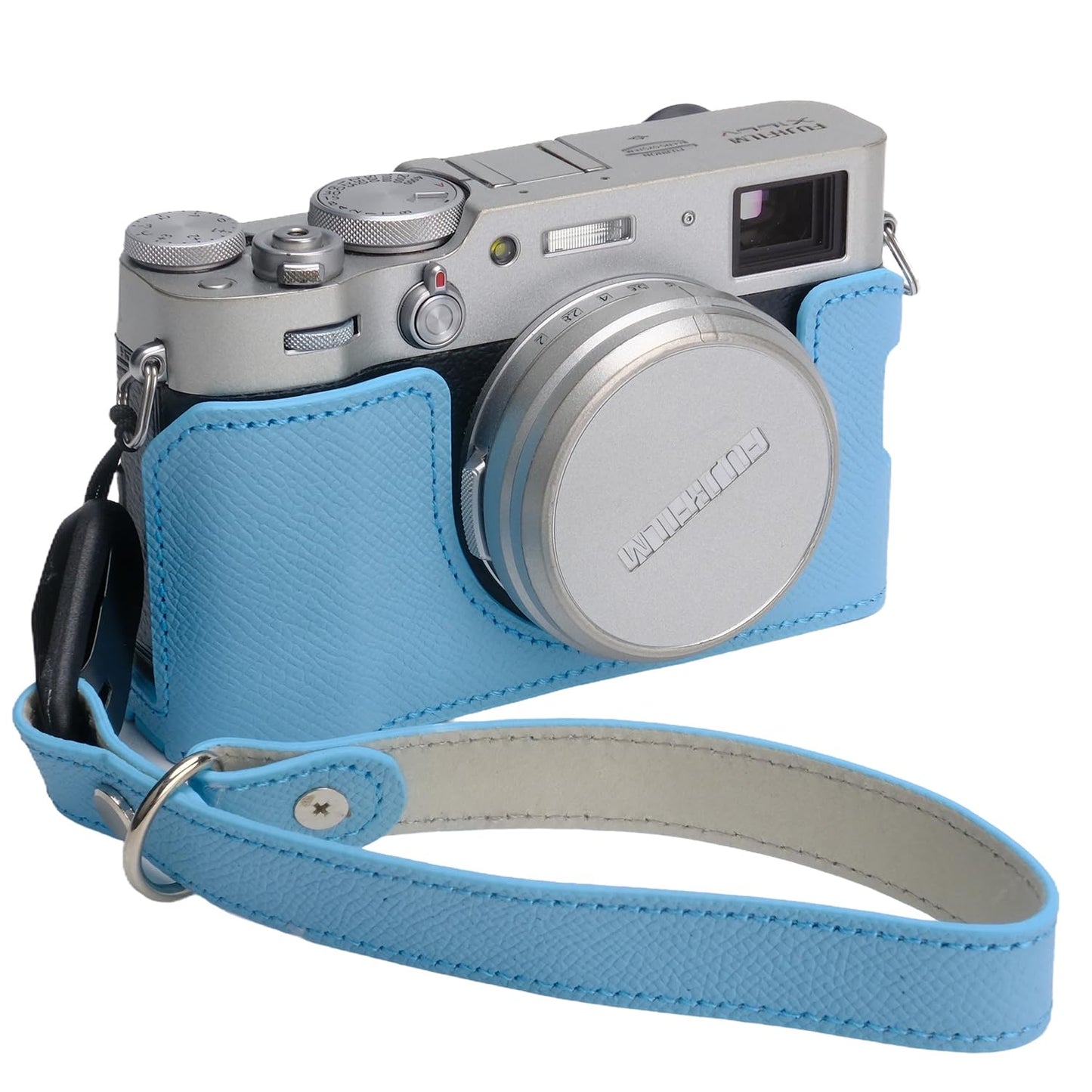 Bowan X100V Camera Case, Handmade Genuine Real Leather Half Camera Case Bag Cover for Fujifilm X100V Camera Bottom Opening Version + Hand Strap (Blue)
