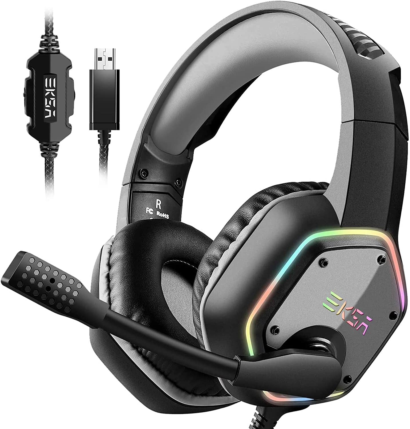 EKSA E1000 USB Gaming Headset for PC, Computer Headphones with Microphone/Mic Noise Cancelling, 7.1 Surround Sound, RGB Light - Wired Headphones