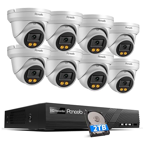 PANOOB 4K Security Camera Systems, 8X 8MP Wired IP PoE Dome Cameras w/AI Person Vehicle Detection, Spotlight Color Night Vision, Built-in Mic, 4K 8CH