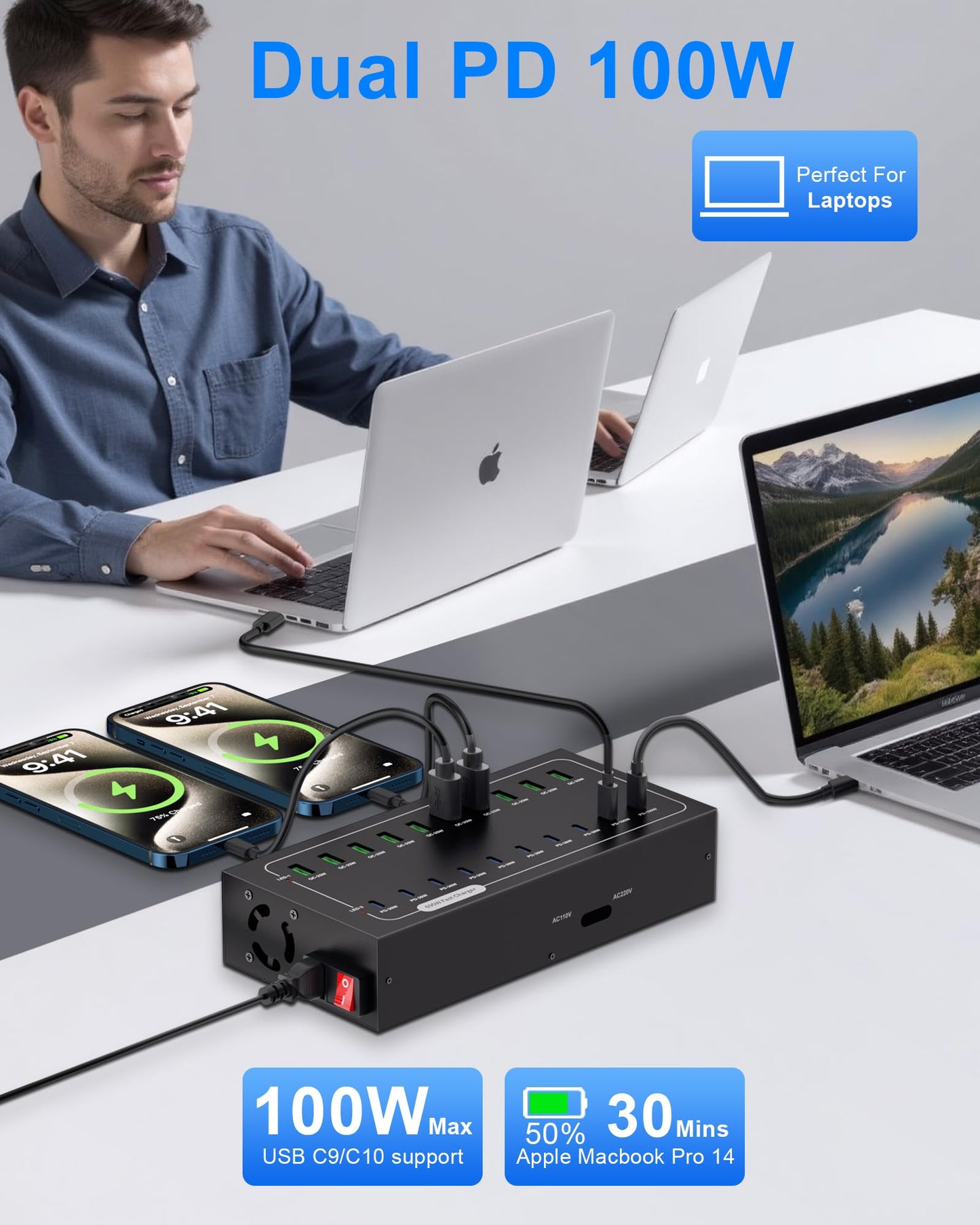690W USB Charging Station, 20 Port Fast Charging Station for Multiple Devices, PD 100W USB C Charger Block, Smart Power Delivery & Multi Protection