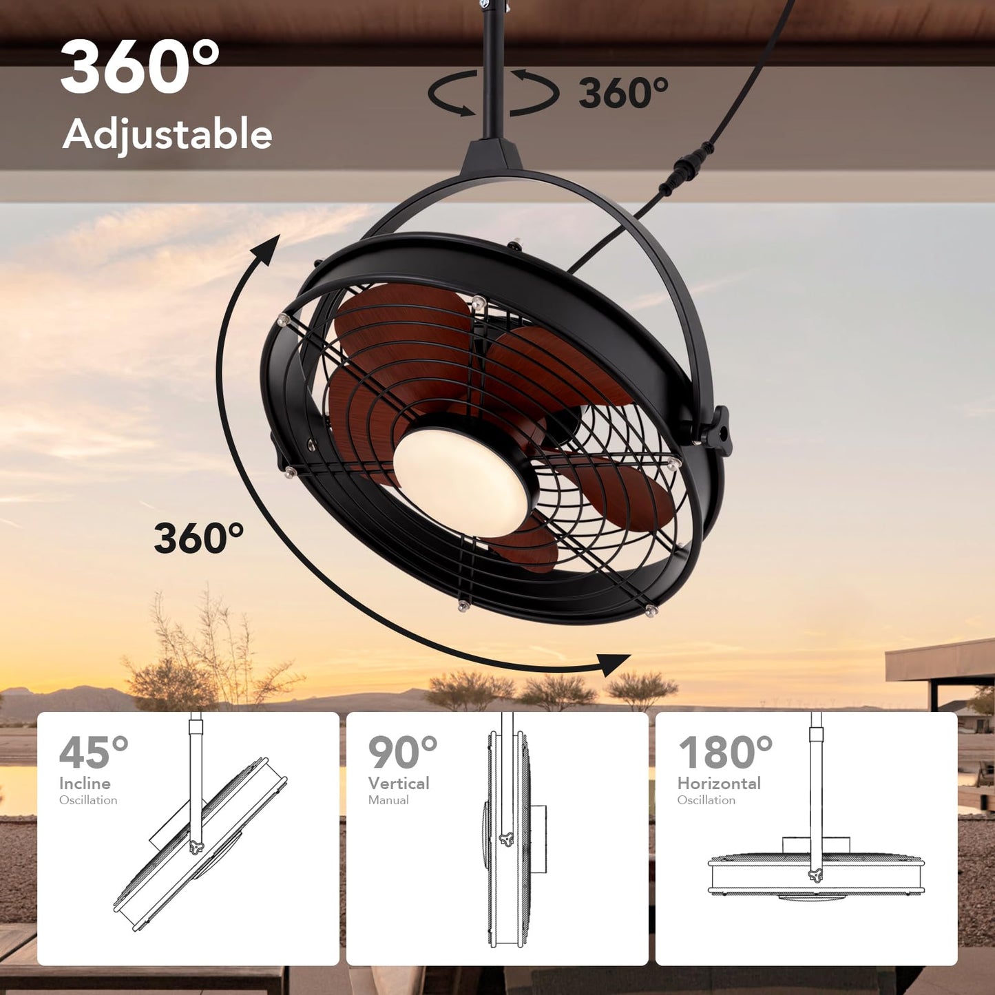 SPACORA 25 Inch Outdoor Ceiling Fan with Lights and Remote, Waterproof Gazebo Hanging Fan with 3CCT Dimmable, Black Plug in Caged Ceiling Fan