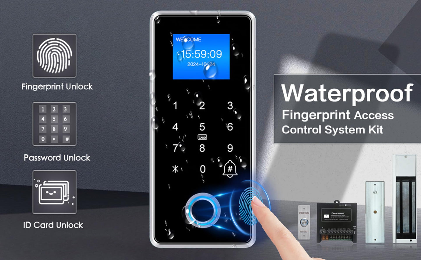 Waterproof Electric Magnetic Fingerprint Door Access Control Kit - 1200 lb Holding Force, RFID Keypad/Reader, 5 ID Cards, 110V Power Supply & Metal