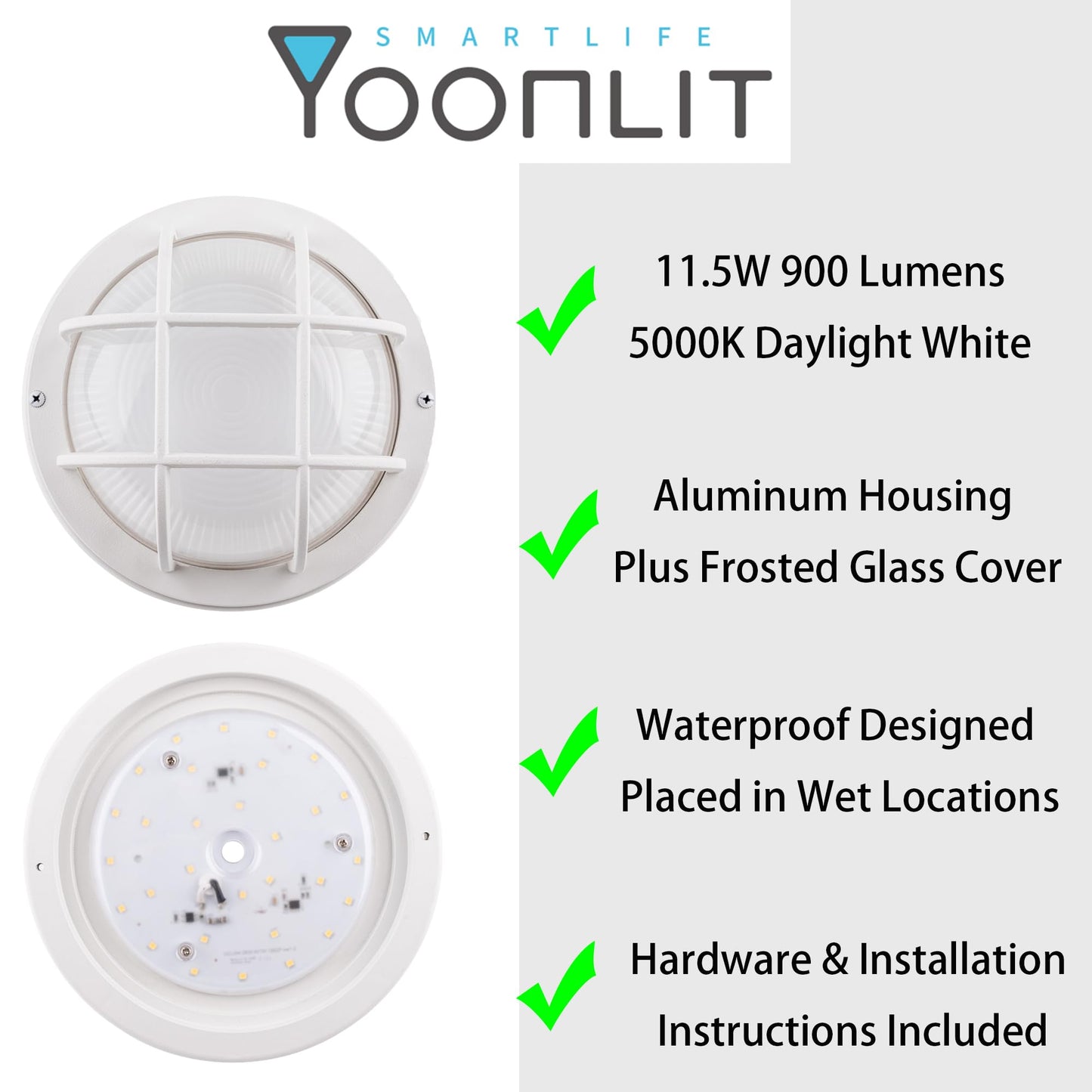 YoonLIT 8.0 inch Outdoor Round LED Bulkhead Light Fixture, Wall or Ceiling Flush Mount Waterproof, for Porch, Basement, Hallway, Balcony, 11.5W 900