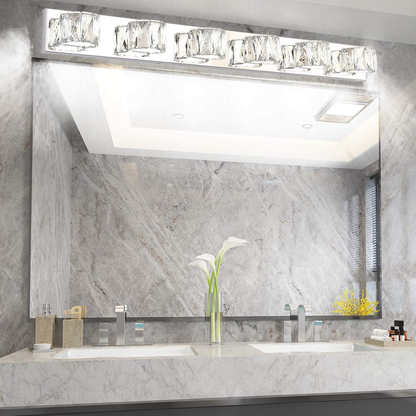 Aipsun 6 Lights 41in Crystal Vanity Lights Over Mirror Long Bathroom Lighting Fixture Modern LED Vanity Light for Bathroom,White Light 6000K