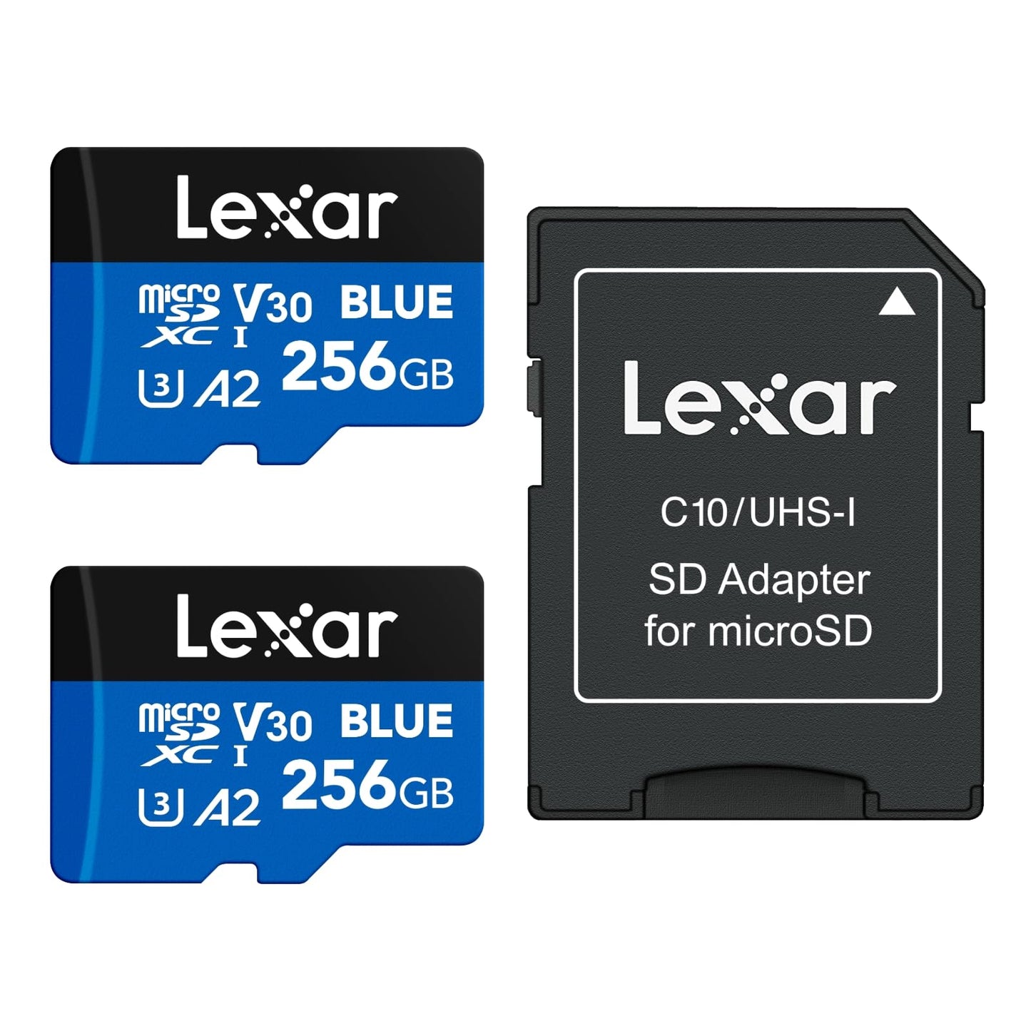 Lexar 256GB 2 Pack Blue Micro SD Card Up to 160MB/s, microSDXC UHS-I Memory Card with SD Adapter, C10, U3, A2, V30, Full HD, 4K UHD, High Speed TF