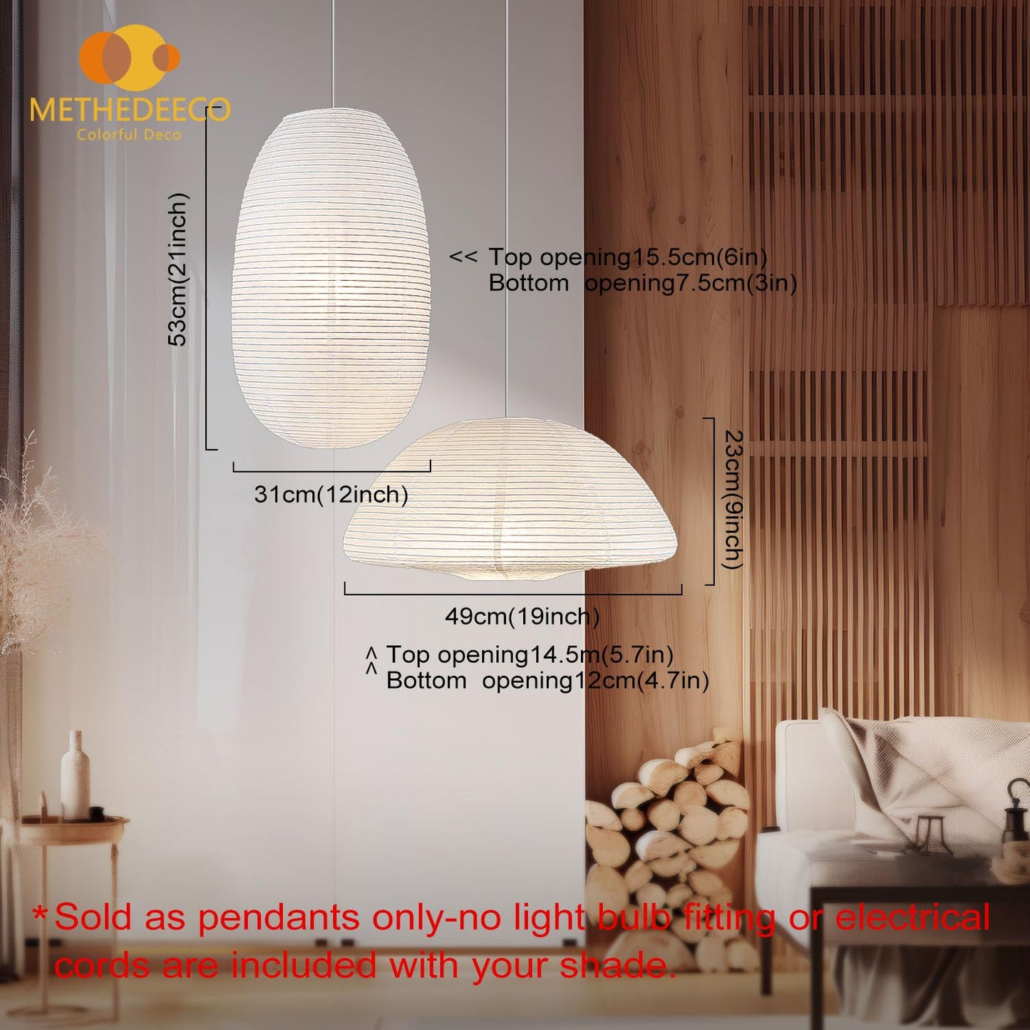 METHEDEECO Set of 2 Rice Paper Pendant Light Shades, Large Japanese Minimalist Hanging Lamp Shades for Dining Room Bedroom Living Room, Decorative