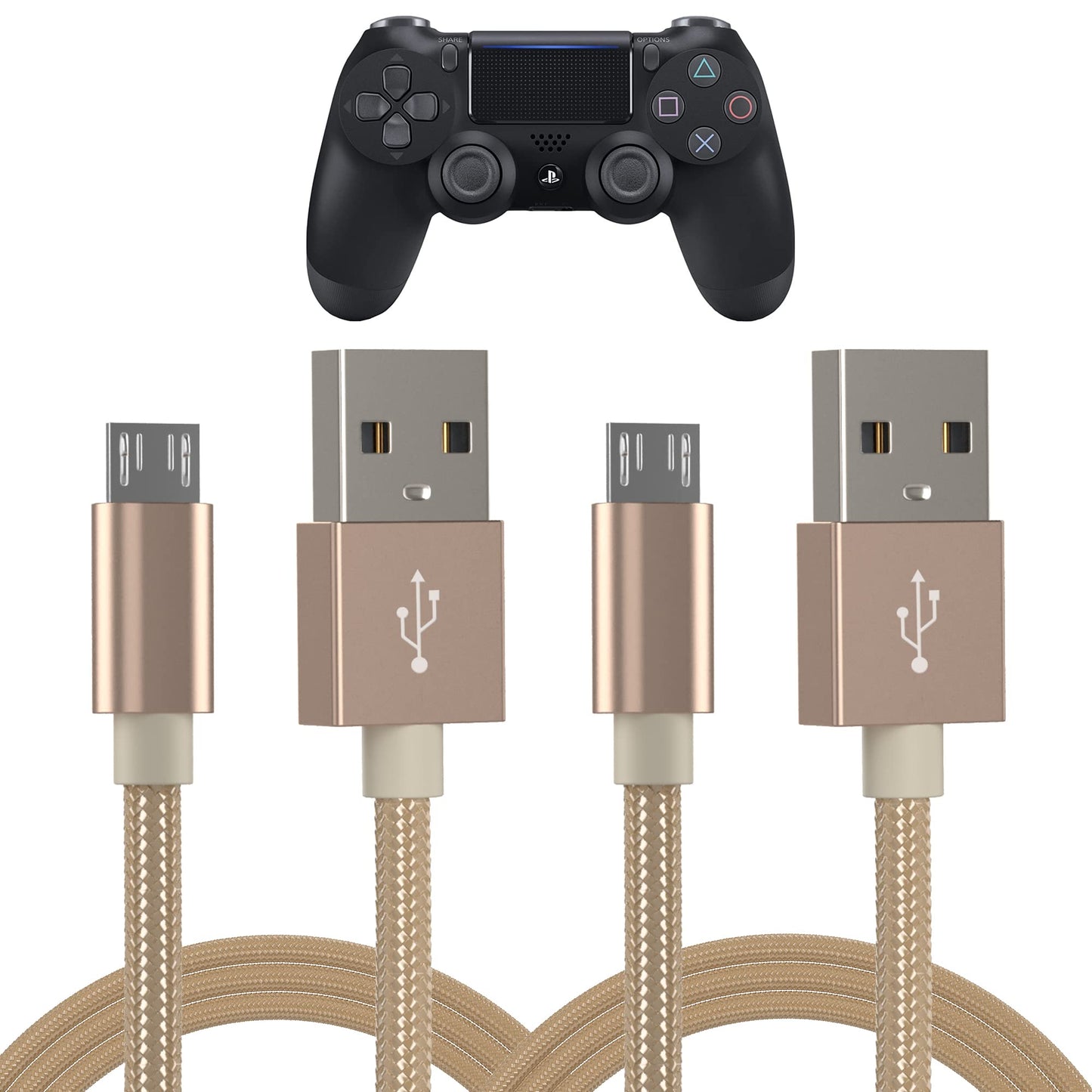 TalkWorks PlayStation 4 Charging Cable - 6' Nylon Braided Micro USB Charger Cord, Heavy Duty Fast Charge for PS4 (Gold, Pack of 2) (14092)