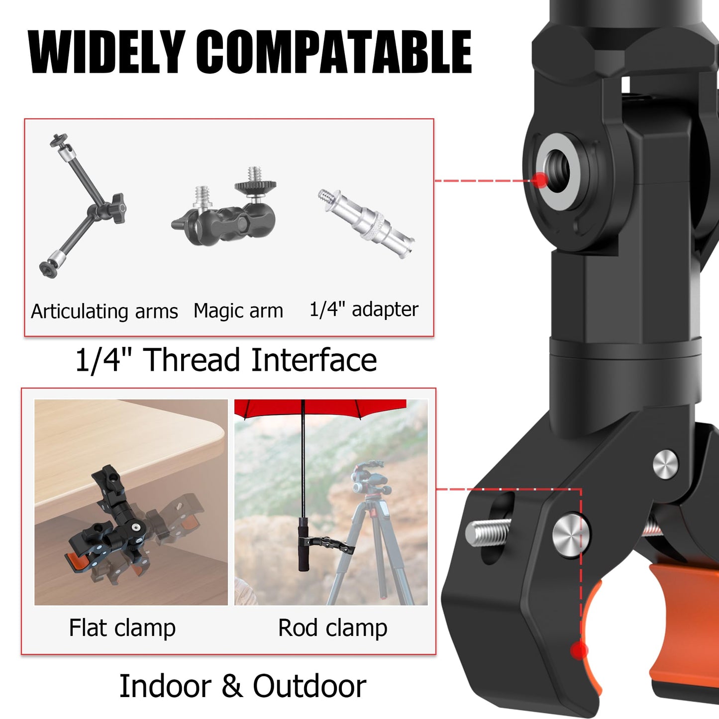 Double Clamp Mount Bracket Magic Arm with 1/4" Screw Interface, Double Super Camera Umbrella Clamp for Chair, Strollers, Photo Studio Light Stand