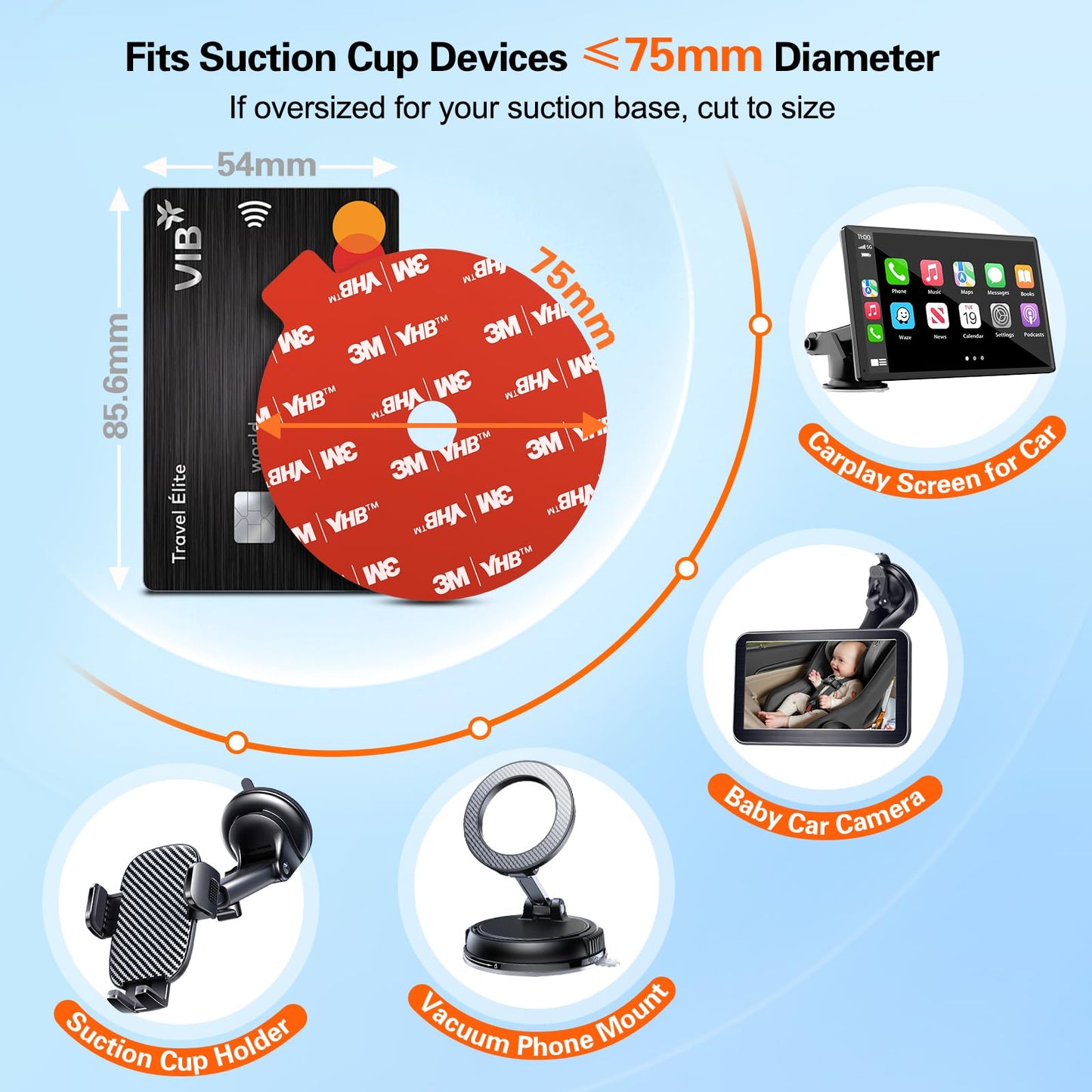 Adhesive Sticky for Car Phone Mount: 4 Pcs 75mm Double Sided Pad with Adhesion Promoter for Suction Cup Holder - Heat Resistant Replacement Tape