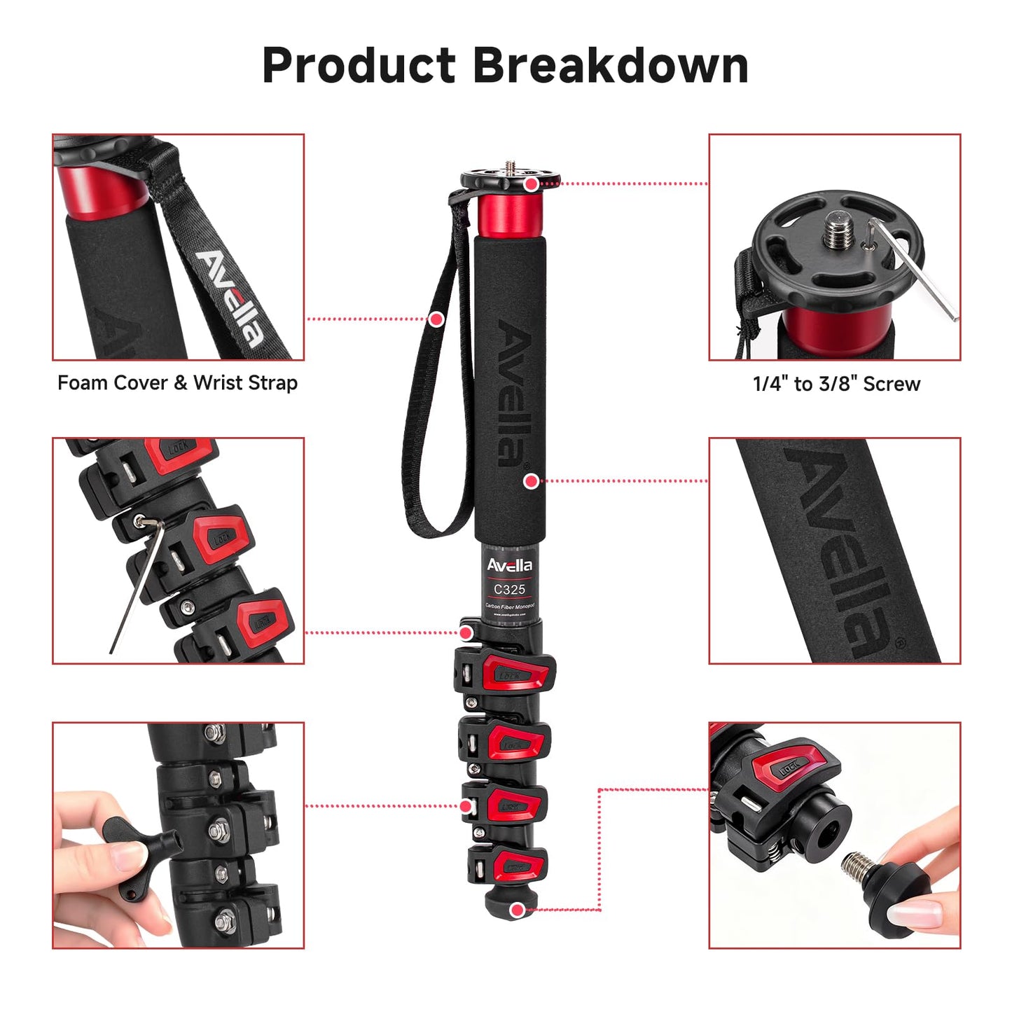 Avella C325 58 Inch Carbon Fiber Camera Monopod Professional Telescopic Monopods for Canon Nikon Sony Olympus Panasonic DSLR Camera Black