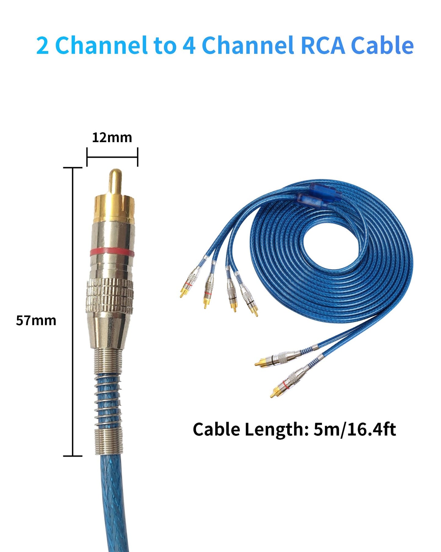 Fonestuff 2 Channel to 4 Channel RCA Audio Interconnect Cable 16.4ft 2 Male to 4 Male Y Splitter RCA Car Audio Cable Shielded Aux Cord for Home