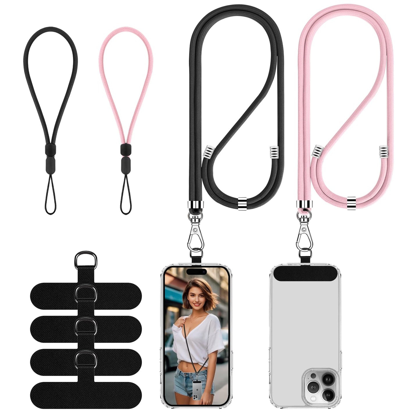 Lousrnman Cell Phone Lanyard, Universal 2× Phone Crossbody Lanyard for Women, 2× Wrist Phone Strap and 4× Upgraded Connectors Compatible with Most