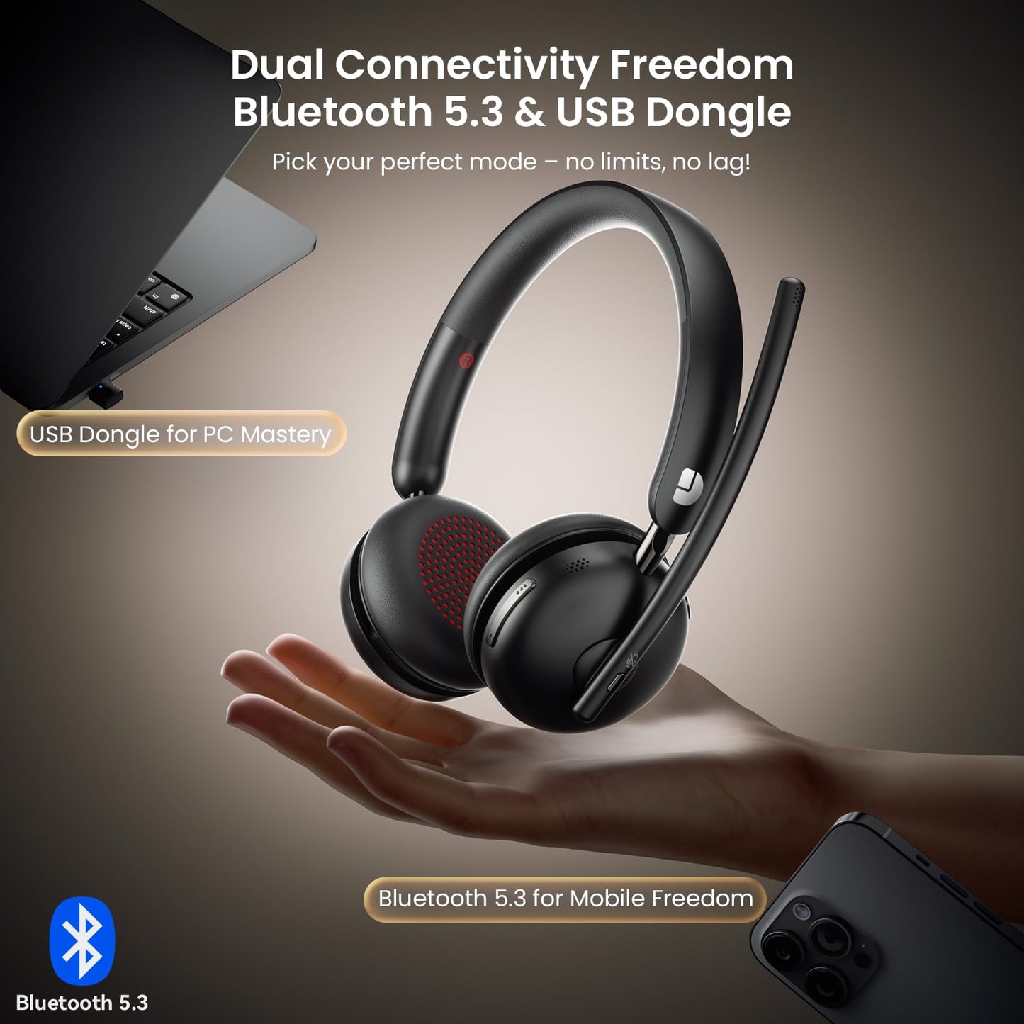 Dytole Wireless Headset with Mic for Work, Bluetooth 5.3 Headset with Noise Cancelling, Wireless Headphones with Mic & USB Dongle, 65H & Mute, Ideal…